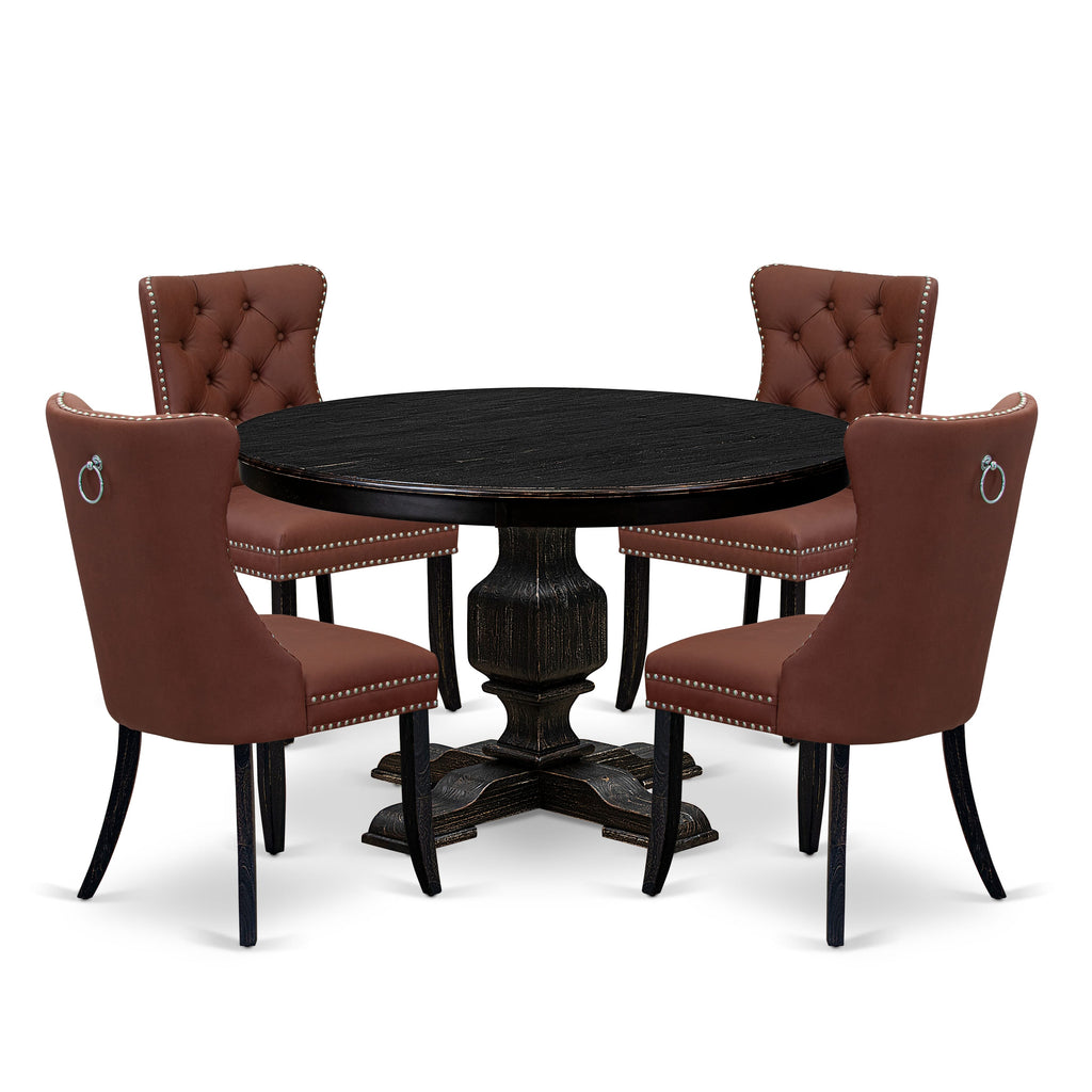 Luxe by East West Furniture F3DA5-411-26 5 Piece Dining Table Set Includes a 48" Round Table with Pedestal and 4 Burgandy Faux Leather Upholstered Chairs, Sand Blasted Black