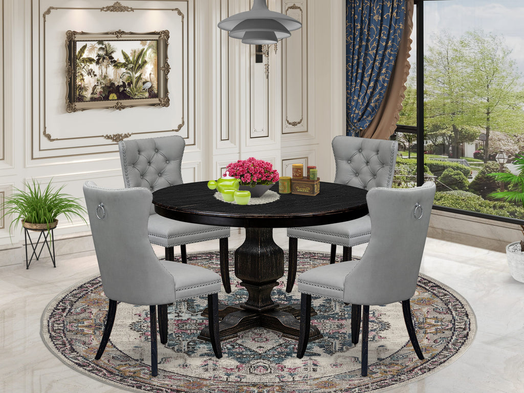 Luxe by East West Furniture F3DA5-411-27 5 Piece Dining Table Set Includes a 48" Round Table with Pedestal and 4 Light Gray Faux Leather Parson Chairs, Sand Blasted Black