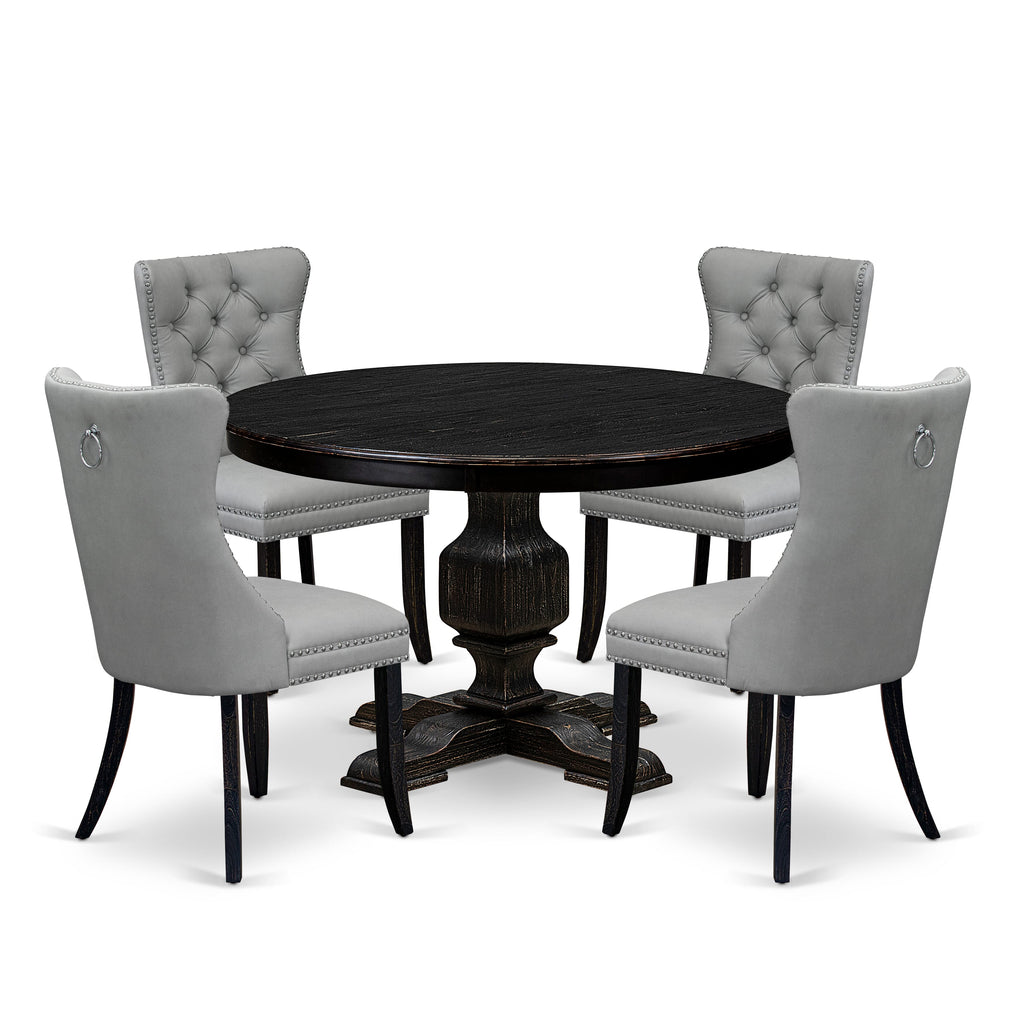 Luxe by East West Furniture F3DA5-411-27 5 Piece Dining Table Set Includes a 48" Round Table with Pedestal and 4 Light Gray Faux Leather Parson Chairs, Sand Blasted Black