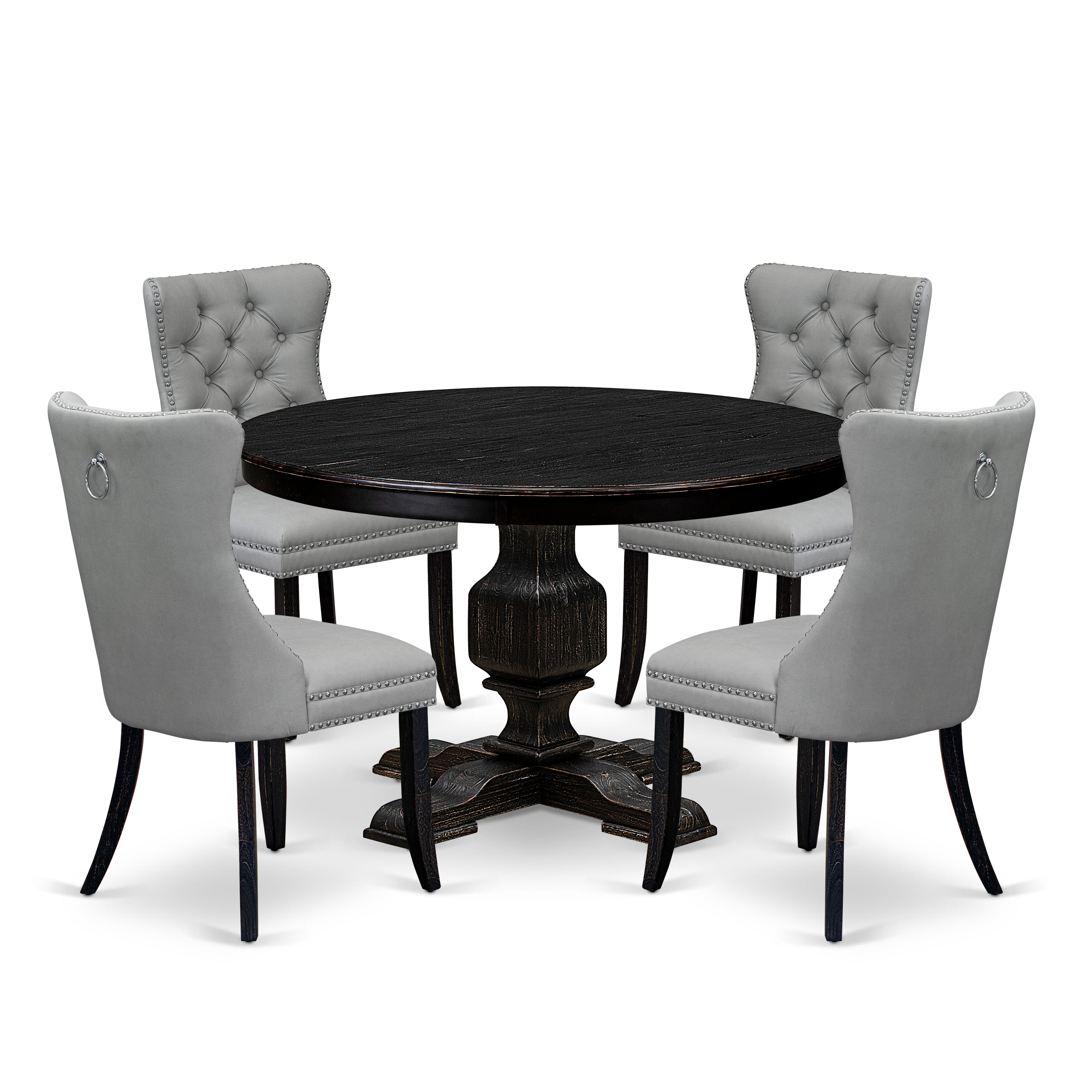 Luxe by East West Furniture F3DA5-411-27 5 Piece Dining Table Set Includes a 48" Round Table with Pedestal and 4 Light Gray Faux Leather Parson Chairs, Sand Blasted Black