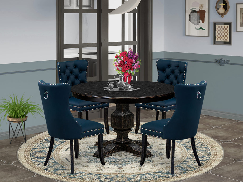 Luxe by East West Furniture F3DA5-411-29 5 Piece Dining Table Set Contains a 48" Round Table with Pedestal and 4 Navy Blue Faux Leather Upholstered Chairs, Sand Blasted Black