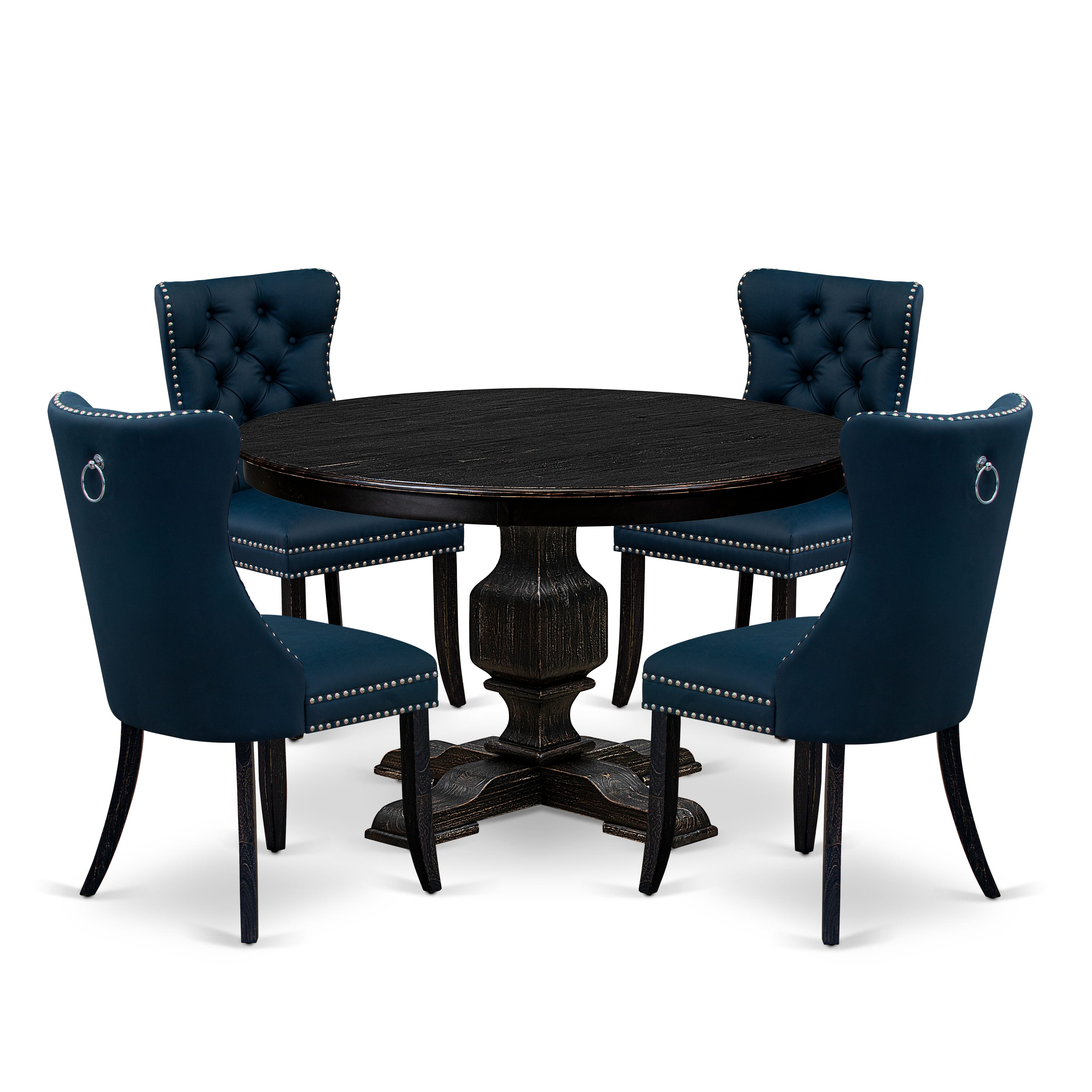Luxe by East West Furniture F3DA5-411-29 5 Piece Dining Table Set Contains a 48" Round Table with Pedestal and 4 Navy Blue Faux Leather Upholstered Chairs, Sand Blasted Black