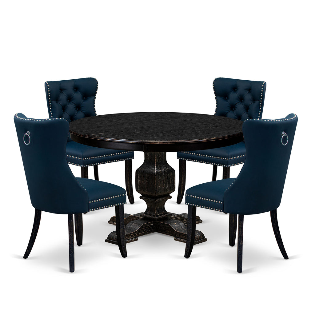 Luxe by East West Furniture F3DA5-411-29 5 Piece Dining Table Set Contains a 48" Round Table with Pedestal and 4 Navy Blue Faux Leather Upholstered Chairs, Sand Blasted Black