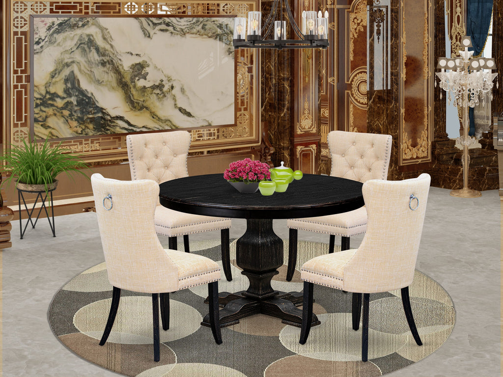 Luxe by East West Furniture F3DA5-411-32 5-piece Dining Set consists of a wood table and 4 Light Beige Linen Fabric dinner chair with Button Tufted Back - Sand Blasted Black