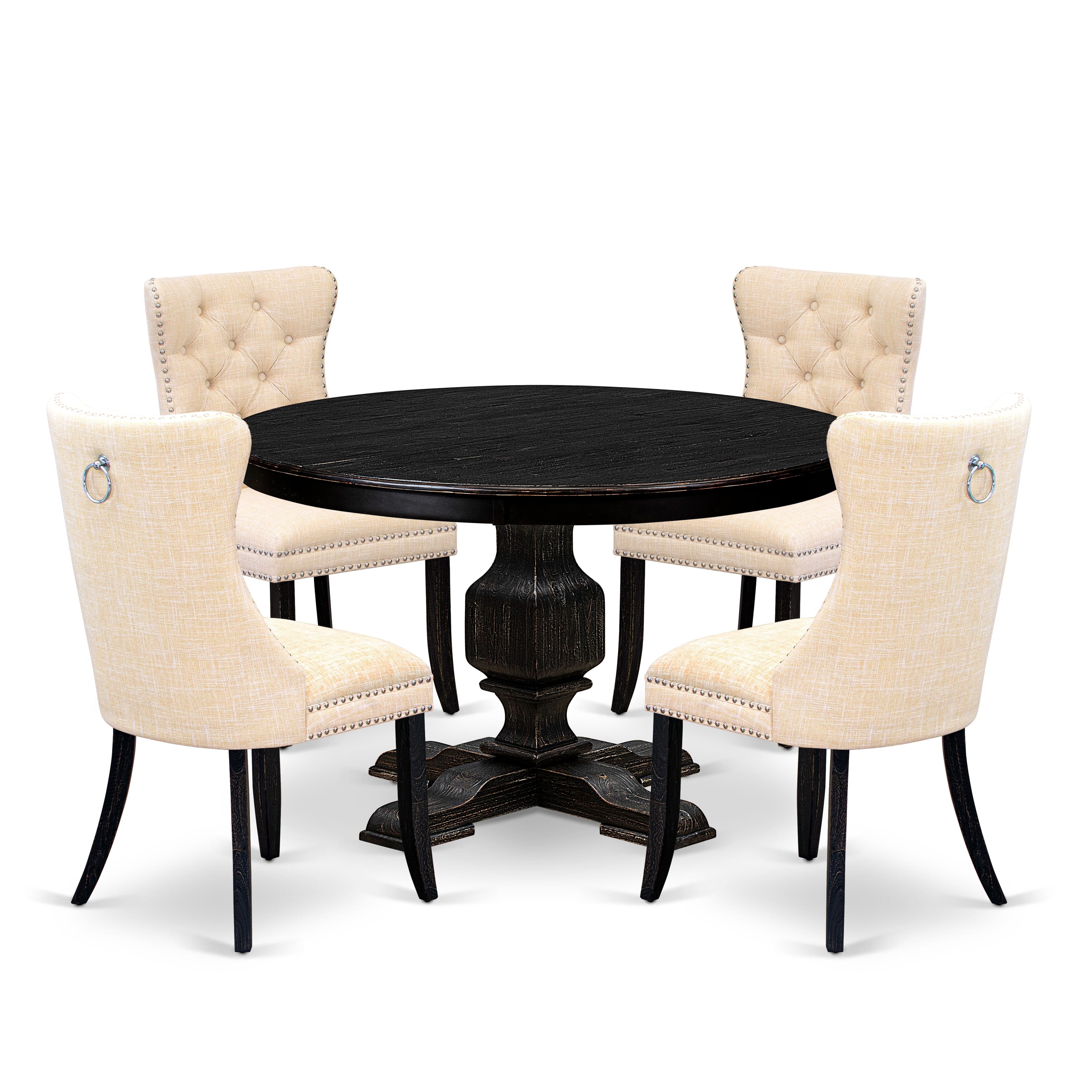 Luxe by East West Furniture F3DA5-411-32 5-piece Dining Set consists of a wood table and 4 Light Beige Linen Fabric dinner chair with Button Tufted Back - Sand Blasted Black