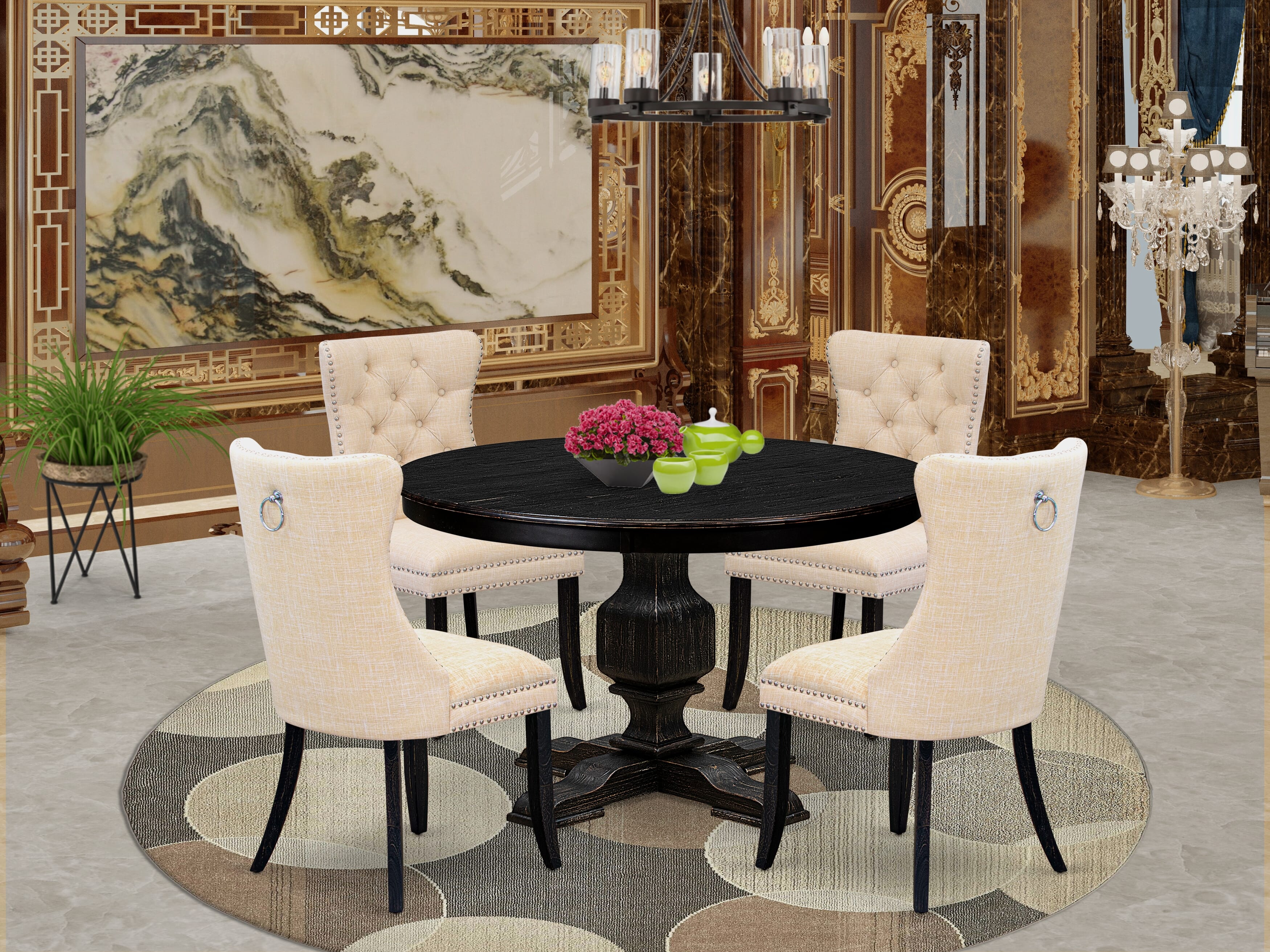 Luxe by East West Furniture F3DA5-411-32 5-piece Dining Set consists of a wood table and 4 Light Beige Linen Fabric dinner chair with Button Tufted Back - Sand Blasted Black