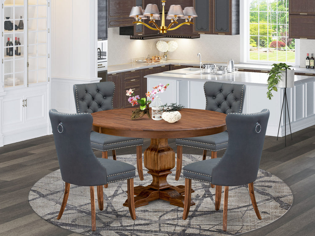 Luxe by East West Furniture F3DA5-50N-13 5-piece Dining table set included a Kitchen Table and 4 Platinum Gray Faux Leather Dining Room Chairs with Button Tufted Back - Antique Walnut Finish