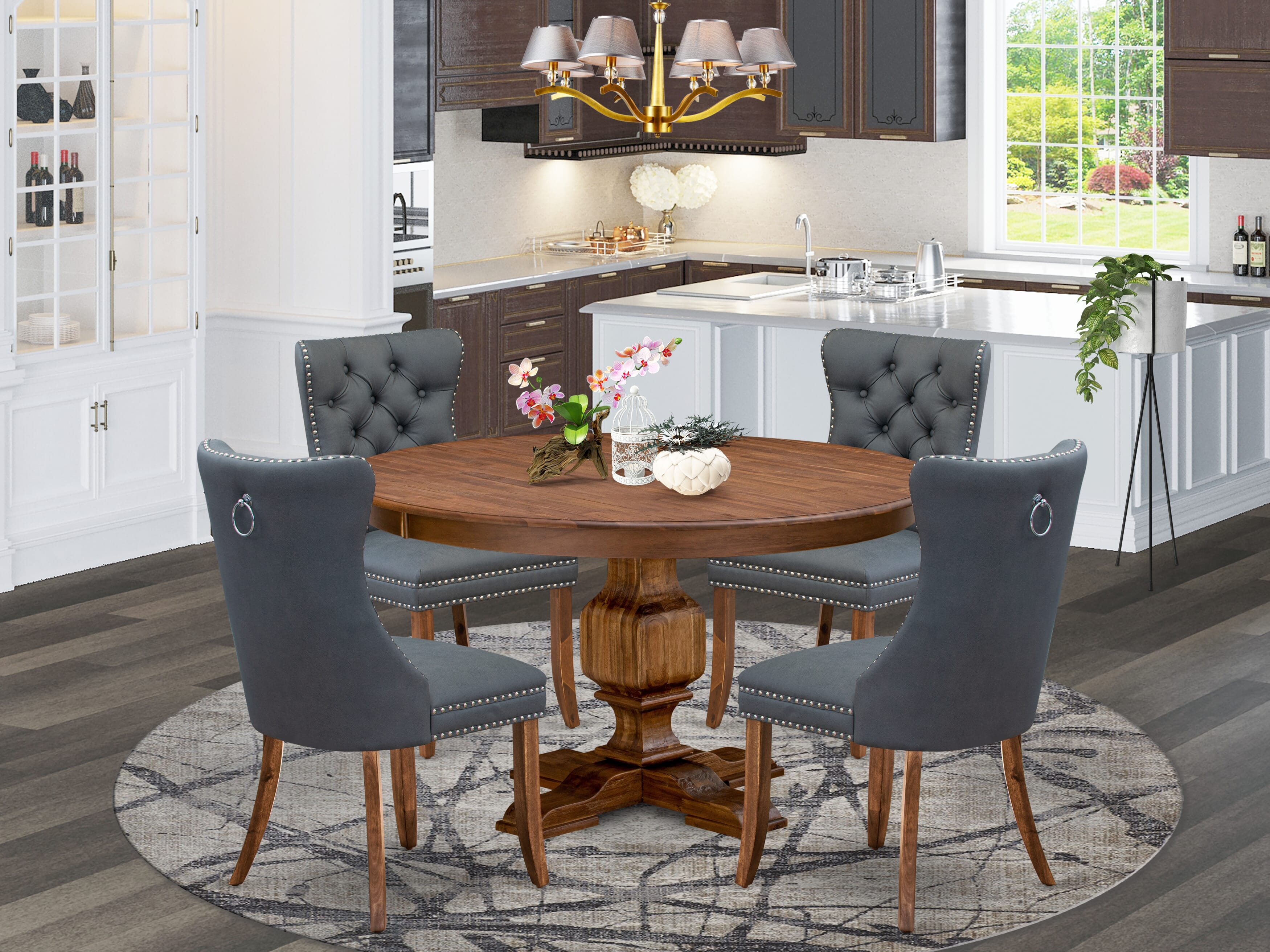 Luxe by East West Furniture F3DA5-50N-13 5-piece Dining table set included a Kitchen Table and 4 Platinum Gray Faux Leather Dining Room Chairs with Button Tufted Back - Antique Walnut Finish