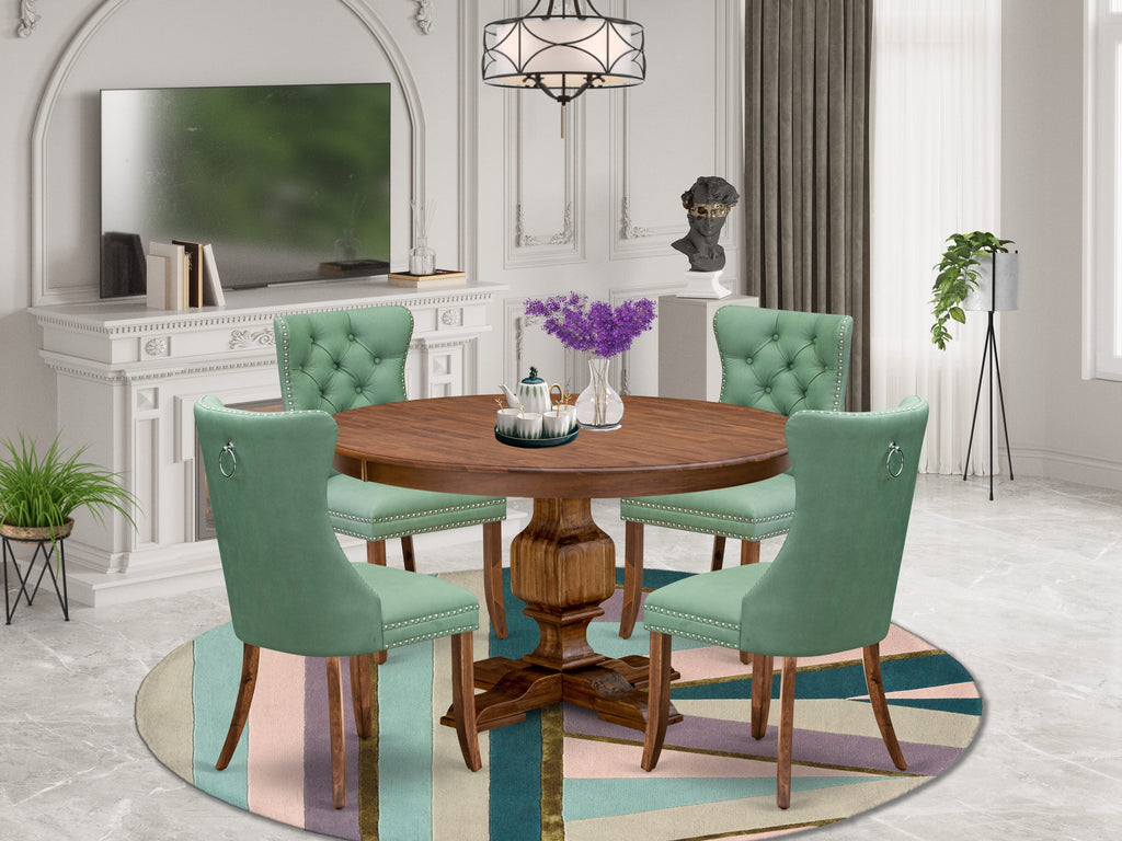 Luxe by East West Furniture F3DA5-50N-22 5-piece Dining table set consists of a Kitchen Table and 4 Willow Green Faux Leather Dining Room Chairs with Button Tufted Back - Antique Walnut Finish