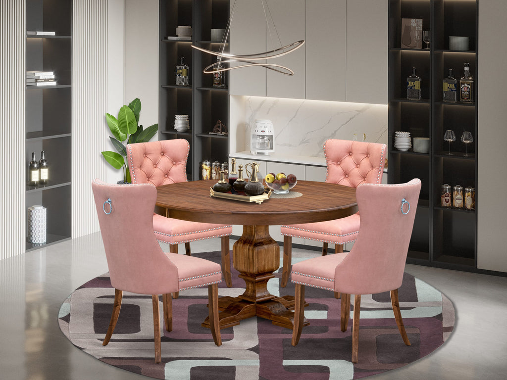 Luxe by East West Furniture F3DA5-50N-23 5-Pc Dining Room Table Set Include a Round Table and 4 Beige Red Faux Leather Parsons Chairs with Button-Tufted Back, Antique Walnut