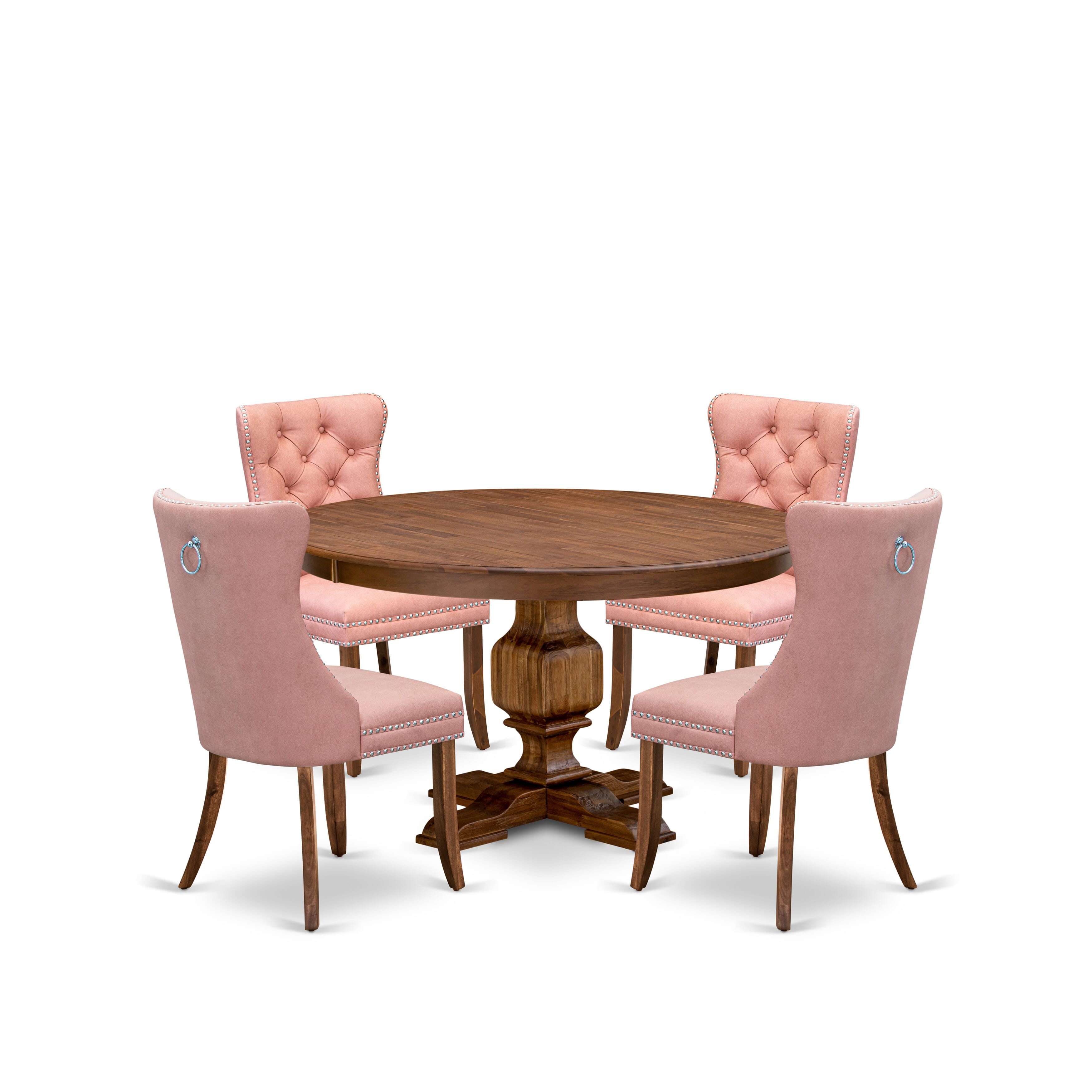 Luxe by East West Furniture F3DA5-50N-23 5-Pc Dining Room Table Set Include a Round Table and 4 Beige Red Faux Leather Parsons Chairs with Button-Tufted Back, Antique Walnut
