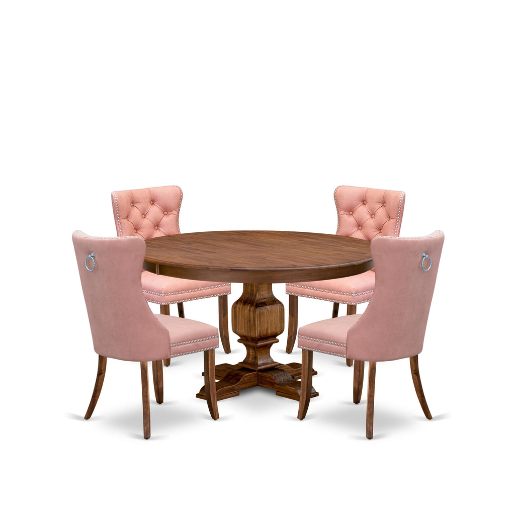 Luxe by East West Furniture F3DA5-50N-23 5-Pc Dining Room Table Set Include a Round Table and 4 Beige Red Faux Leather Parsons Chairs with Button-Tufted Back, Antique Walnut