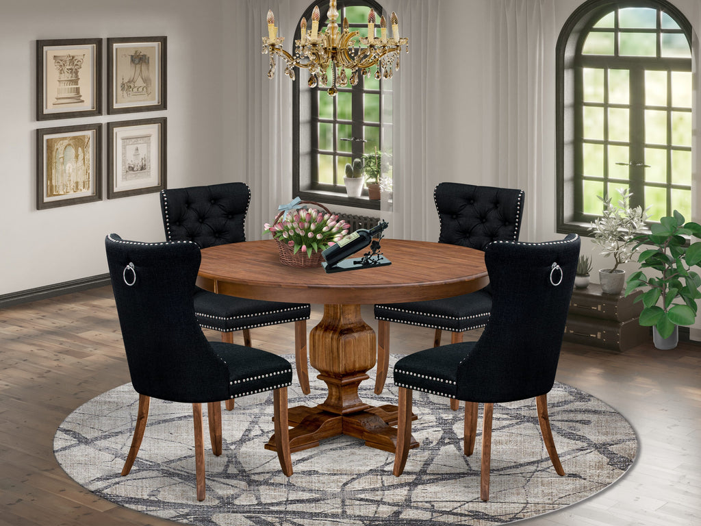 Luxe by East West Furniture F3DA5-50N-24 5-Piece Modern Dining Set with Linen Fabric 4 Black Parson chairs, Button-Tufted Backs, and a 54"Round Table in Antique Walnut Finish.