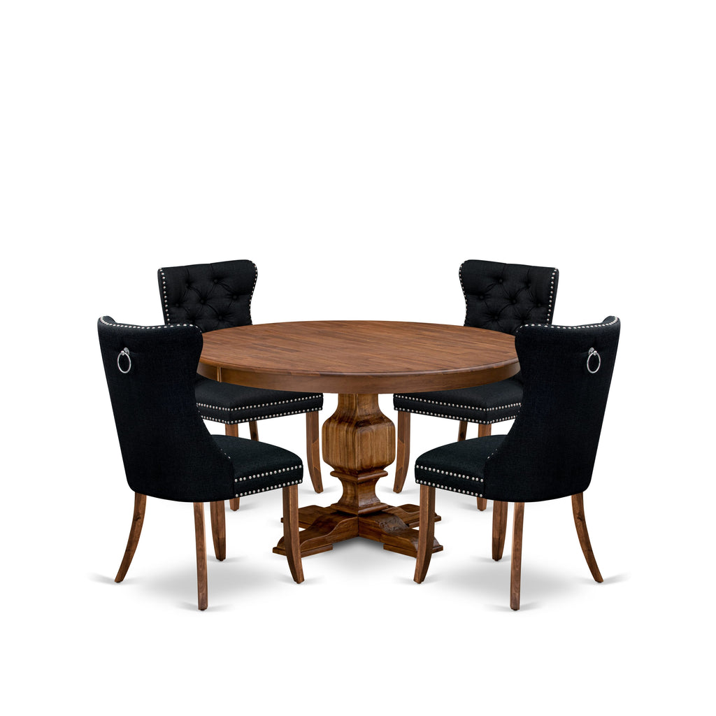 Luxe by East West Furniture F3DA5-50N-24 5-Piece Modern Dining Set with Linen Fabric 4 Black Parson chairs, Button-Tufted Backs, and a 54"Round Table in Antique Walnut Finish.