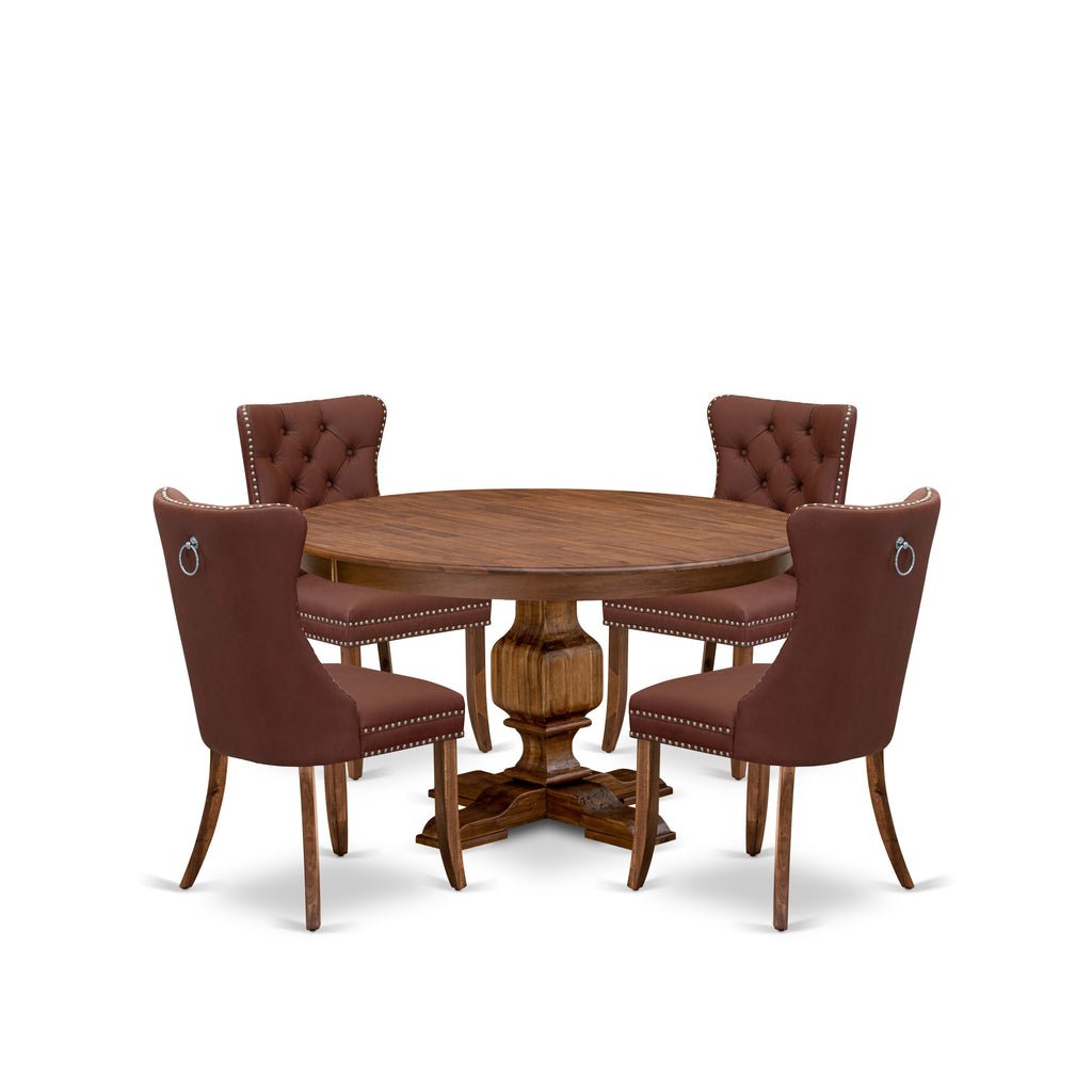 Luxe by East West Furniture F3DA5-50N-26 5-Pc Dining Room Set Include a Round Table and 4 Burgundy Faux Leather Upholstered Chairs with Button-Tufted Back, Antique Walnut