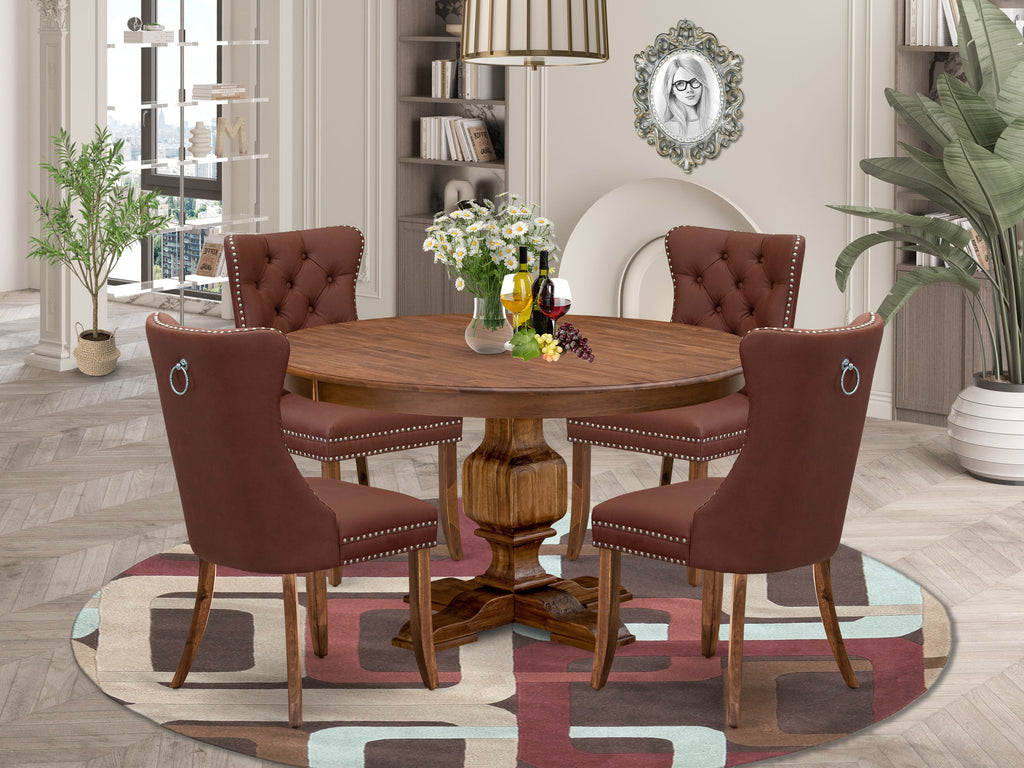 Luxe by East West Furniture F3DA5-50N-26 5-Pc Dining Room Set Include a Round Table and 4 Burgundy Faux Leather Upholstered Chairs with Button-Tufted Back, Antique Walnut