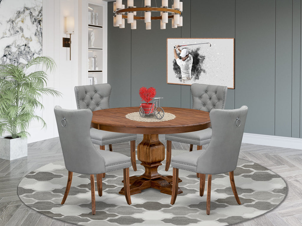 Luxe by East West Furniture F3DA5-50N-27 5-Pc Mid Century Dining Set Include a Round Table and 4 Light Gray Faux Leather Parson Chairs with Button-Tufted Back, Antique Walnut