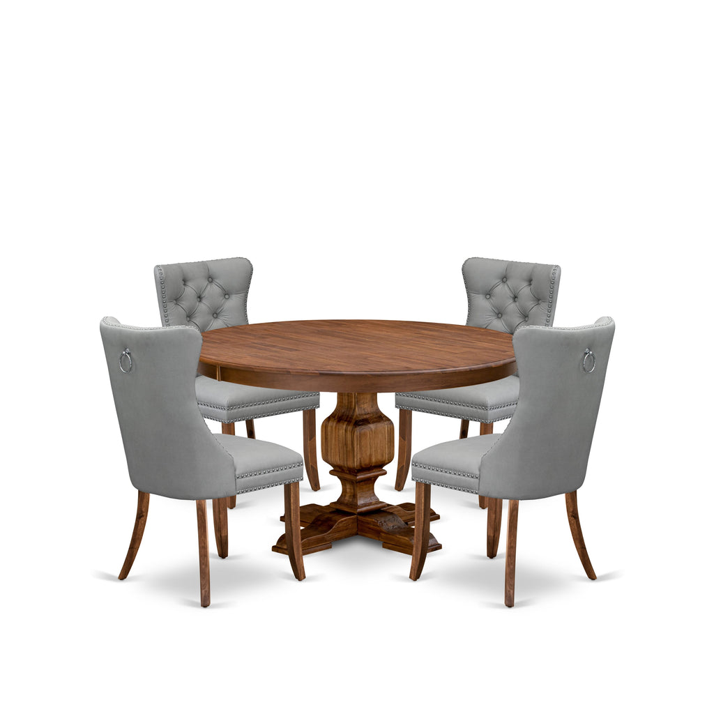 Luxe by East West Furniture F3DA5-50N-27 5-Pc Mid Century Dining Set Include a Round Table and 4 Light Gray Faux Leather Parson Chairs with Button-Tufted Back, Antique Walnut