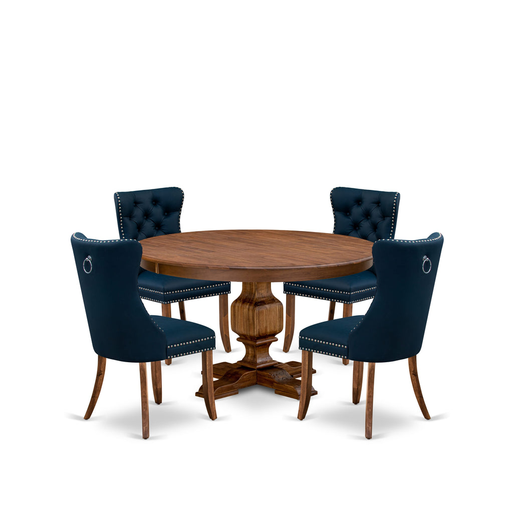 Luxe by East West Furniture F3DA5-50N-29 5-Pc Dining Table Set Include a Round Dining Table and 4 Navy Blue Faux Leather Dining Chairs with Button-Tufted Back, Antique Walnut
