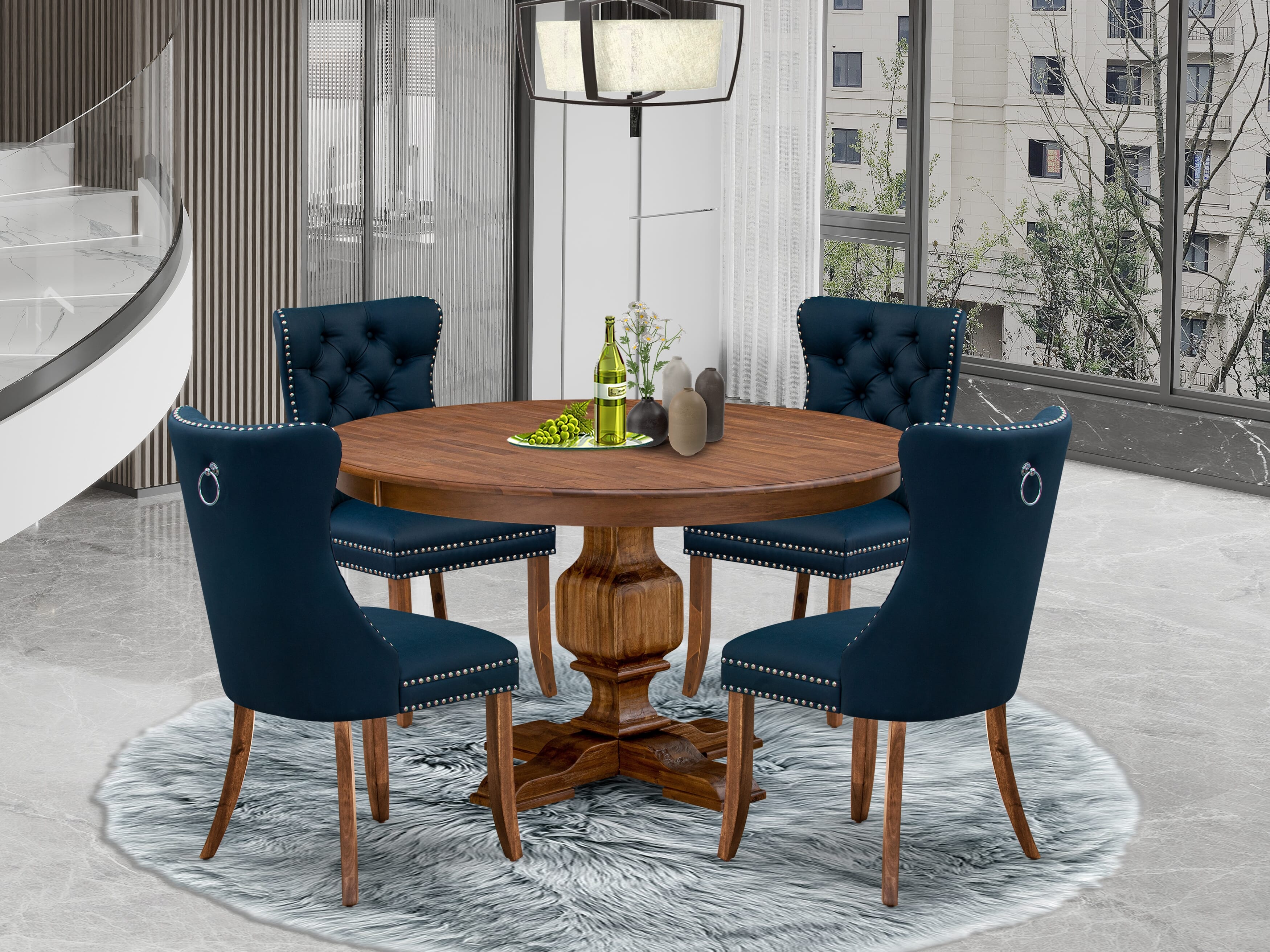 Luxe by East West Furniture F3DA5-50N-29 5-Pc Dining Table Set Include a Round Dining Table and 4 Navy Blue Faux Leather Dining Chairs with Button-Tufted Back, Antique Walnut