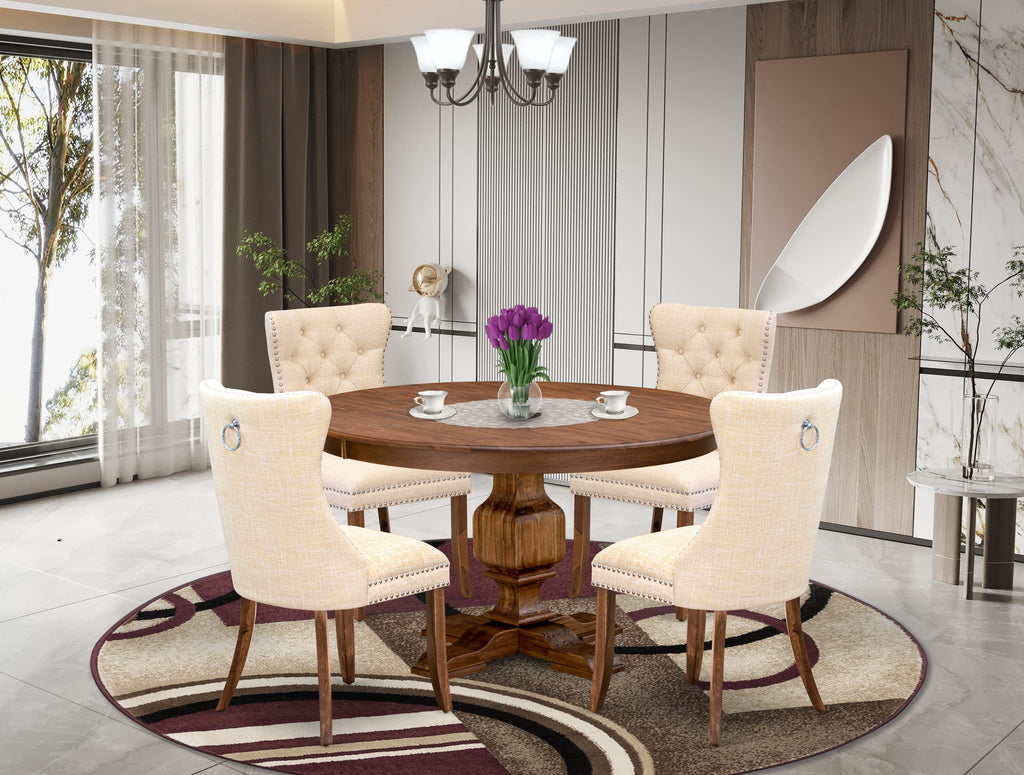 Luxe by East West Furniture F3DA5-50N-32 5-Piece Dining Room Set with Linen Fabric 4 Light Beige parson chairs, Button-Tufted Backs, and a 54"Round Dinner Table in Antique Walnut Finish.