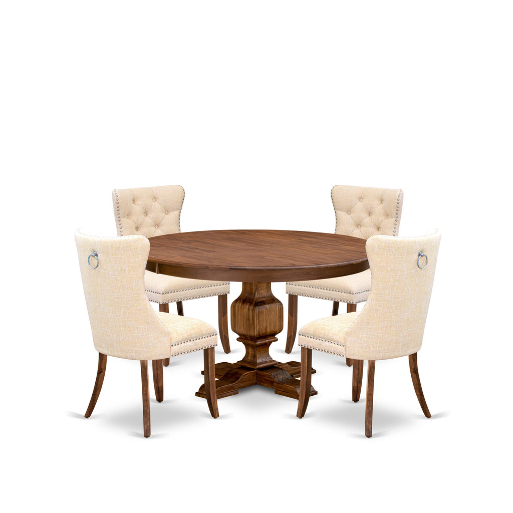 Luxe by East West Furniture F3DA5-50N-32 5-Piece Dining Room Set with Linen Fabric 4 Light Beige parson chairs, Button-Tufted Backs, and a 54"Round Dinner Table in Antique Walnut Finish.