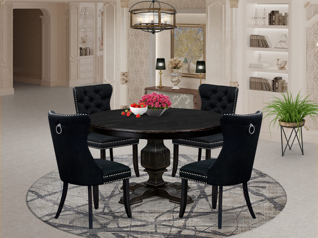 Luxe by East West Furniture F3DA5-511-24 5 Piece Dining Room Set Consists of a 54" Round Table with Pedestal and 4 Black Linen Fabric Upholstered Chairs, Sand Blasted Black
