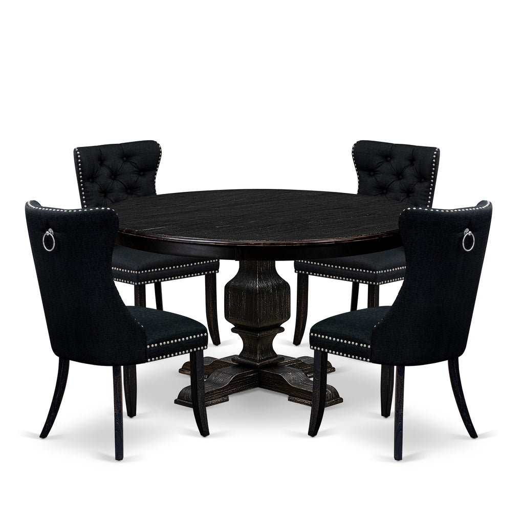 Luxe by East West Furniture F3DA5-511-24 5 Piece Dining Room Set Consists of a 54" Round Table with Pedestal and 4 Black Linen Fabric Upholstered Chairs, Sand Blasted Black
