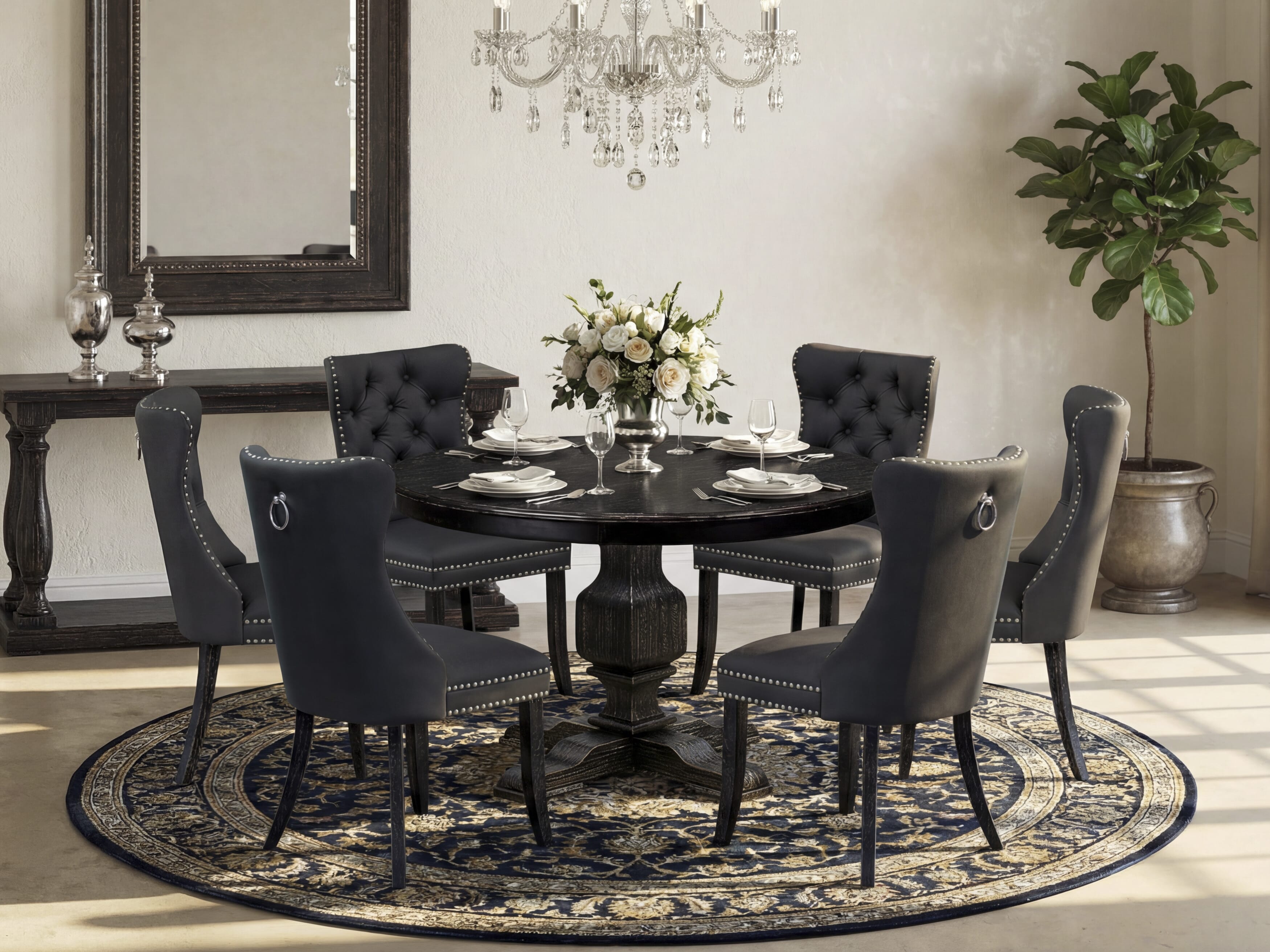 Luxe by East West Furniture F3DA7-411-12 7-Piece Kitchen Table Set with Faux Leather 6 Dark Gray dining room chairs, Button-Tufted Backs, and a 48"Round Table in Sand Blasted Black Finish.