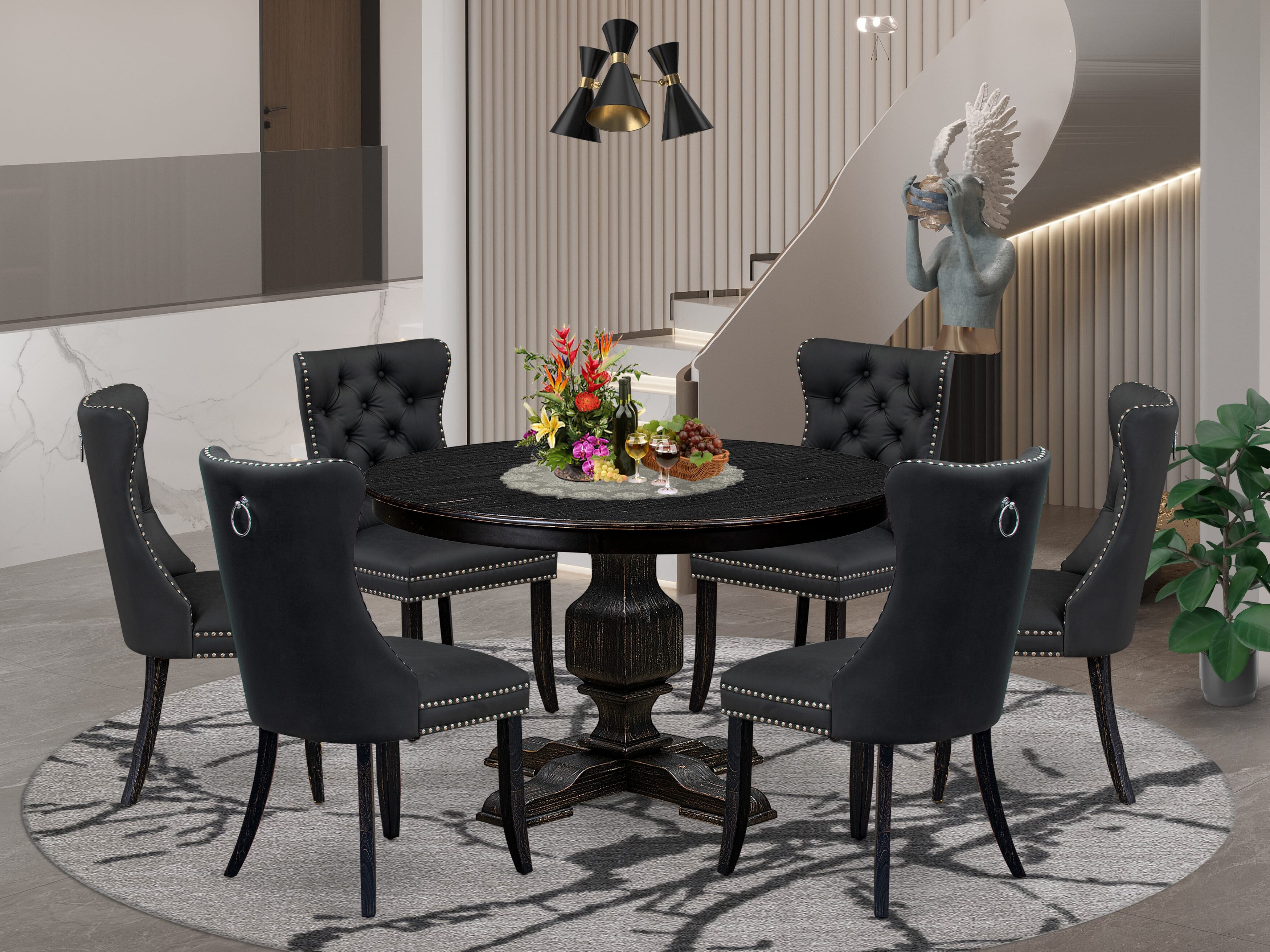 Luxe by East West Furniture F3DA7-411-12 7-Piece Kitchen Table Set with Faux Leather 6 Dark Gray dining room chairs, Button-Tufted Backs, and a 48"Round Table in Sand Blasted Black Finish.