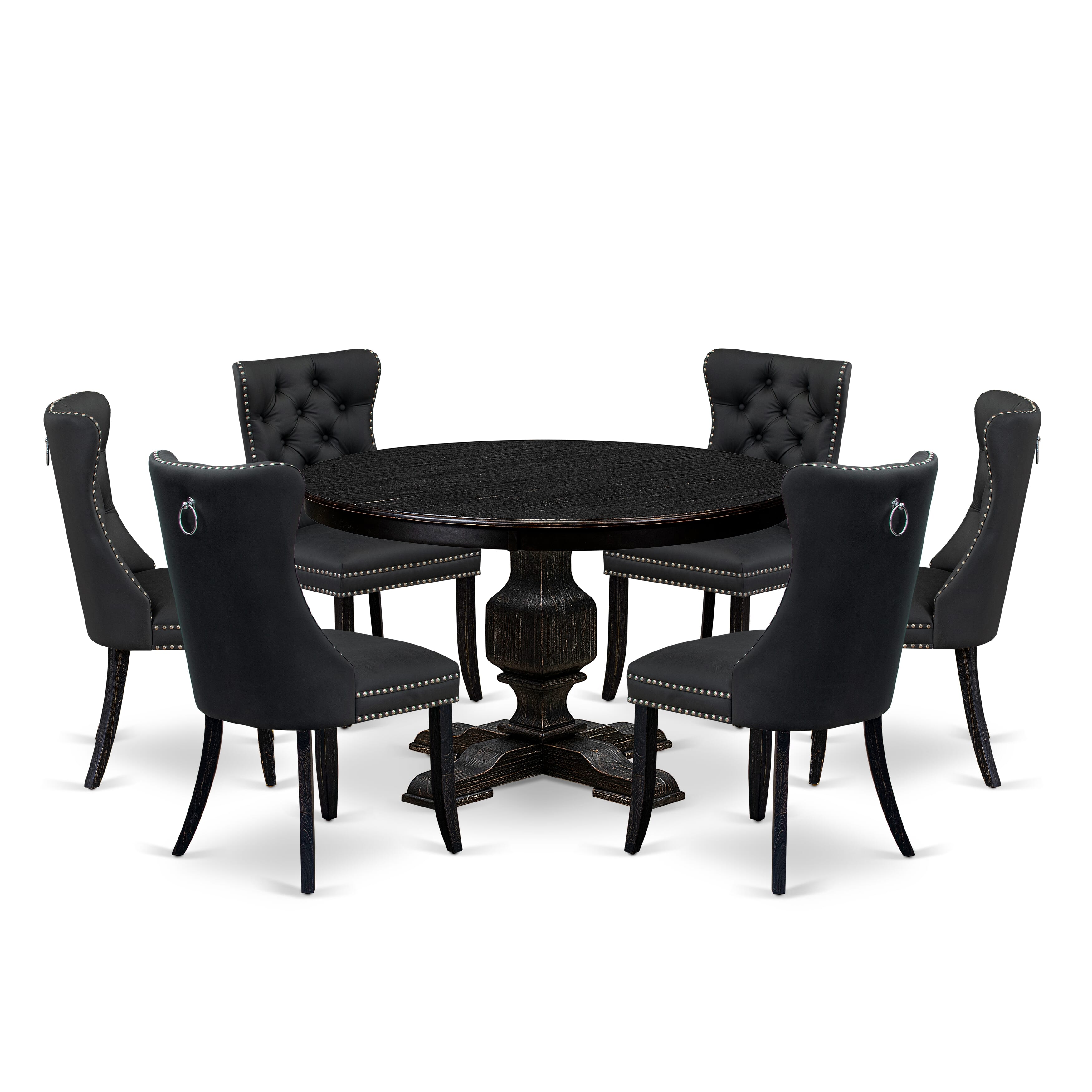 Luxe by East West Furniture F3DA7-411-12 7-Piece Kitchen Table Set with Faux Leather 6 Dark Gray dining room chairs, Button-Tufted Backs, and a 48"Round Table in Sand Blasted Black Finish.