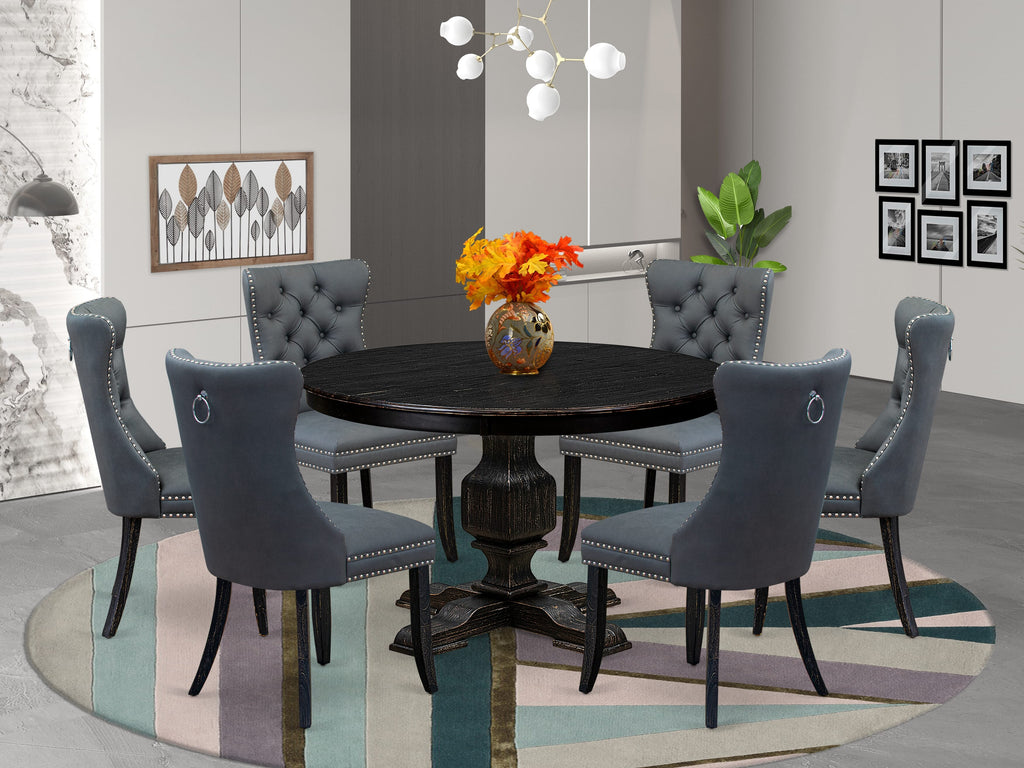 Luxe by East West Furniture F3DA7-411-13 7-piece Kitchen Table Set with Faux Leather 6 Platinum Gray dining room chairs, Button-Tufted Backs, and a 48"Round Table in Sand Blasted Black Finish.