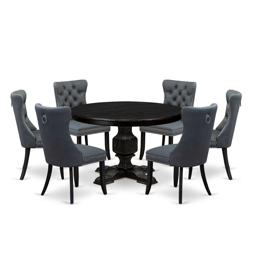 Luxe by East West Furniture F3DA7-411-13 7-piece Kitchen Table Set with Faux Leather 6 Platinum Gray dining room chairs, Button-Tufted Backs, and a 48"Round Table in Sand Blasted Black Finish.