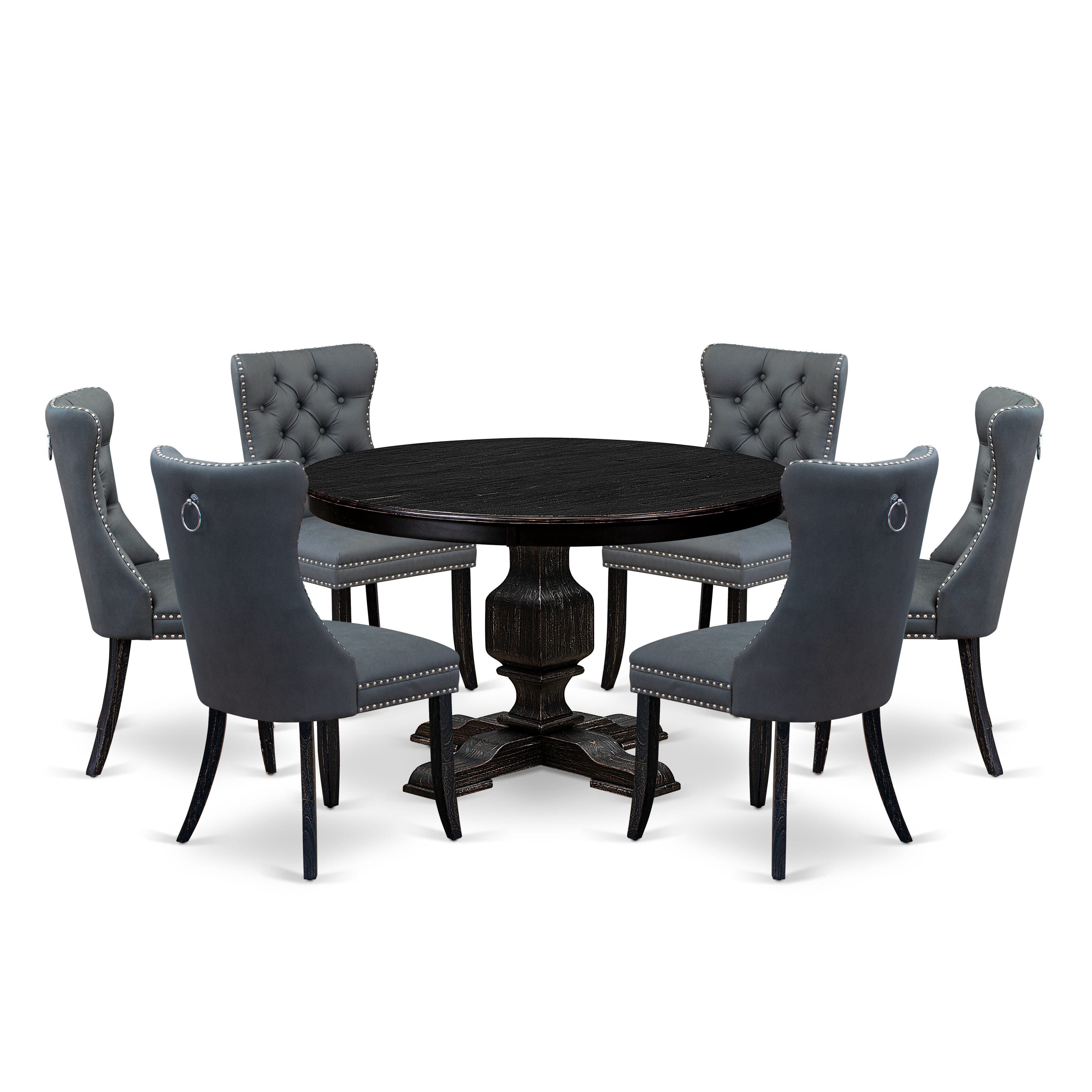 Luxe by East West Furniture F3DA7-411-13 7-piece Kitchen Table Set with Faux Leather 6 Platinum Gray dining room chairs, Button-Tufted Backs, and a 48"Round Table in Sand Blasted Black Finish.