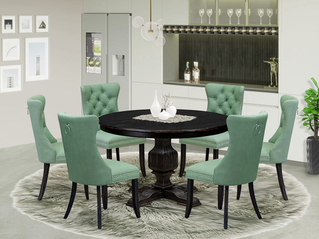 Luxe by East West Furniture F3DA7-411-22 7 Piece Dinette Set Includes a 48" Round Table with Pedestal and 6 Willow Green Faux Leather Upholstered Chairs, Sand Blasted Black