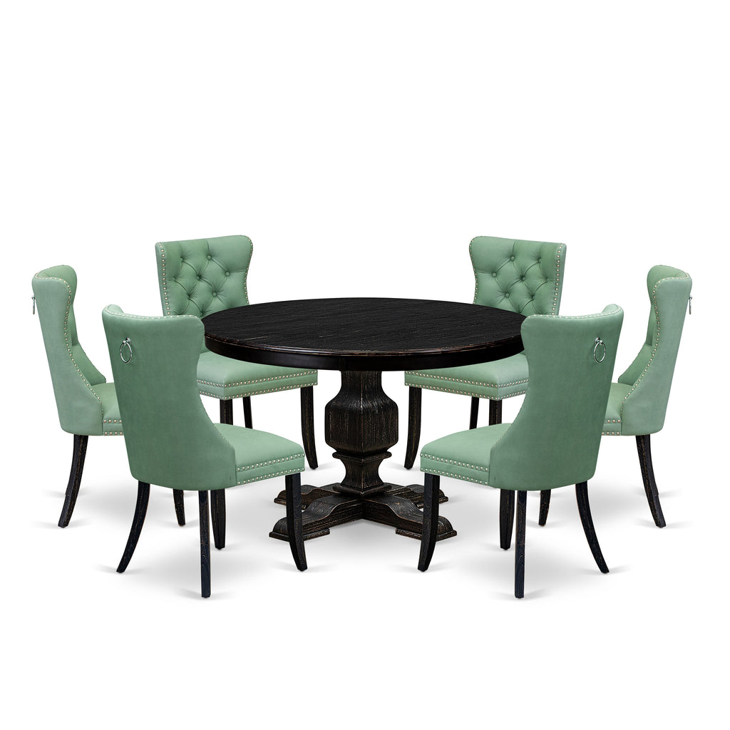 Luxe by East West Furniture F3DA7-411-22 7 Piece Dinette Set Includes a 48" Round Table with Pedestal and 6 Willow Green Faux Leather Upholstered Chairs, Sand Blasted Black