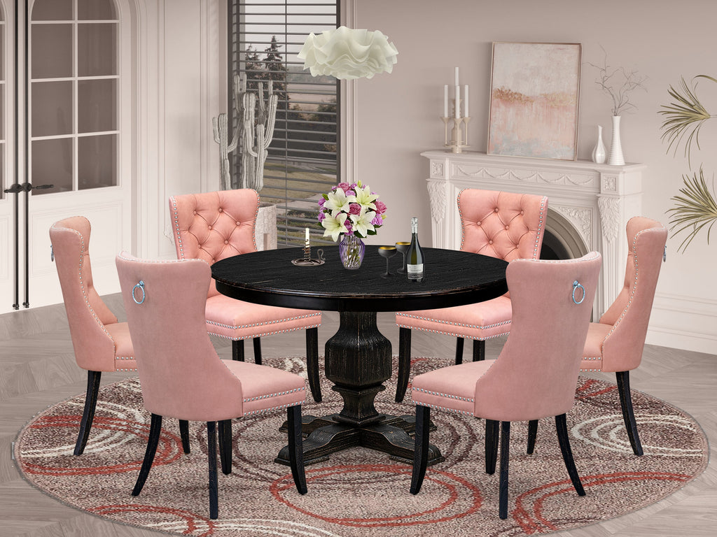 Luxe by East West Furniture F3DA7-411-23 7 Piece Dining Set Consists of a 48" Round Table with Pedestal and 6 Beige Red Faux Leather Upholstered Chairs, Sand Blasted Black