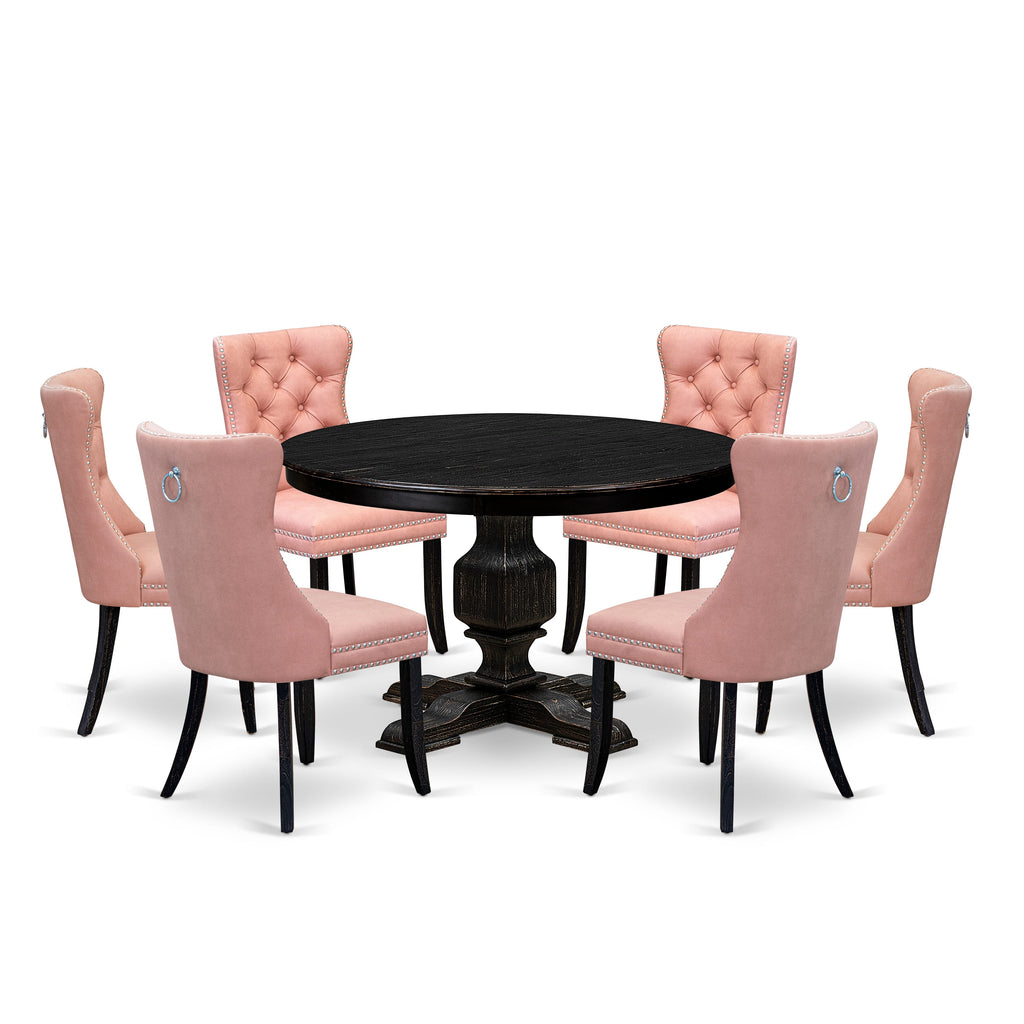 Luxe by East West Furniture F3DA7-411-23 7 Piece Dining Set Consists of a 48" Round Table with Pedestal and 6 Beige Red Faux Leather Upholstered Chairs, Sand Blasted Black