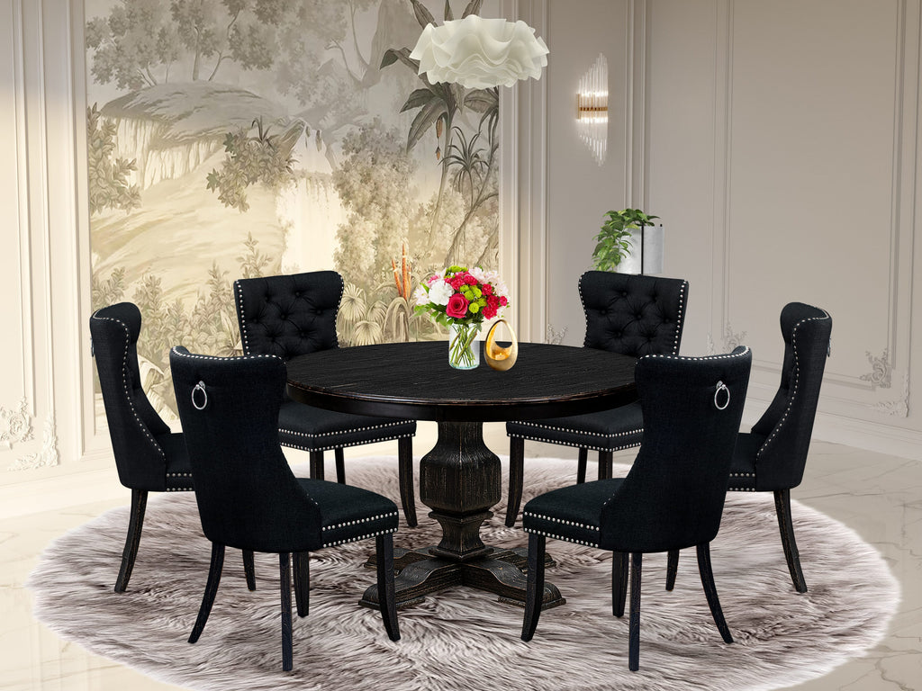 Luxe by East West Furniture F3DA7-411-24 7 Piece Kitchen Table Set Includes a 48" Round Table with Pedestal and 6 Black Linen Fabric Upholstered Chairs, Sand Blasted Black