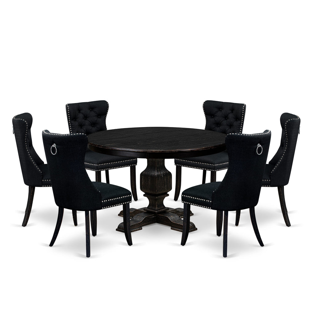 Luxe by East West Furniture F3DA7-411-24 7 Piece Kitchen Table Set Includes a 48" Round Table with Pedestal and 6 Black Linen Fabric Upholstered Chairs, Sand Blasted Black