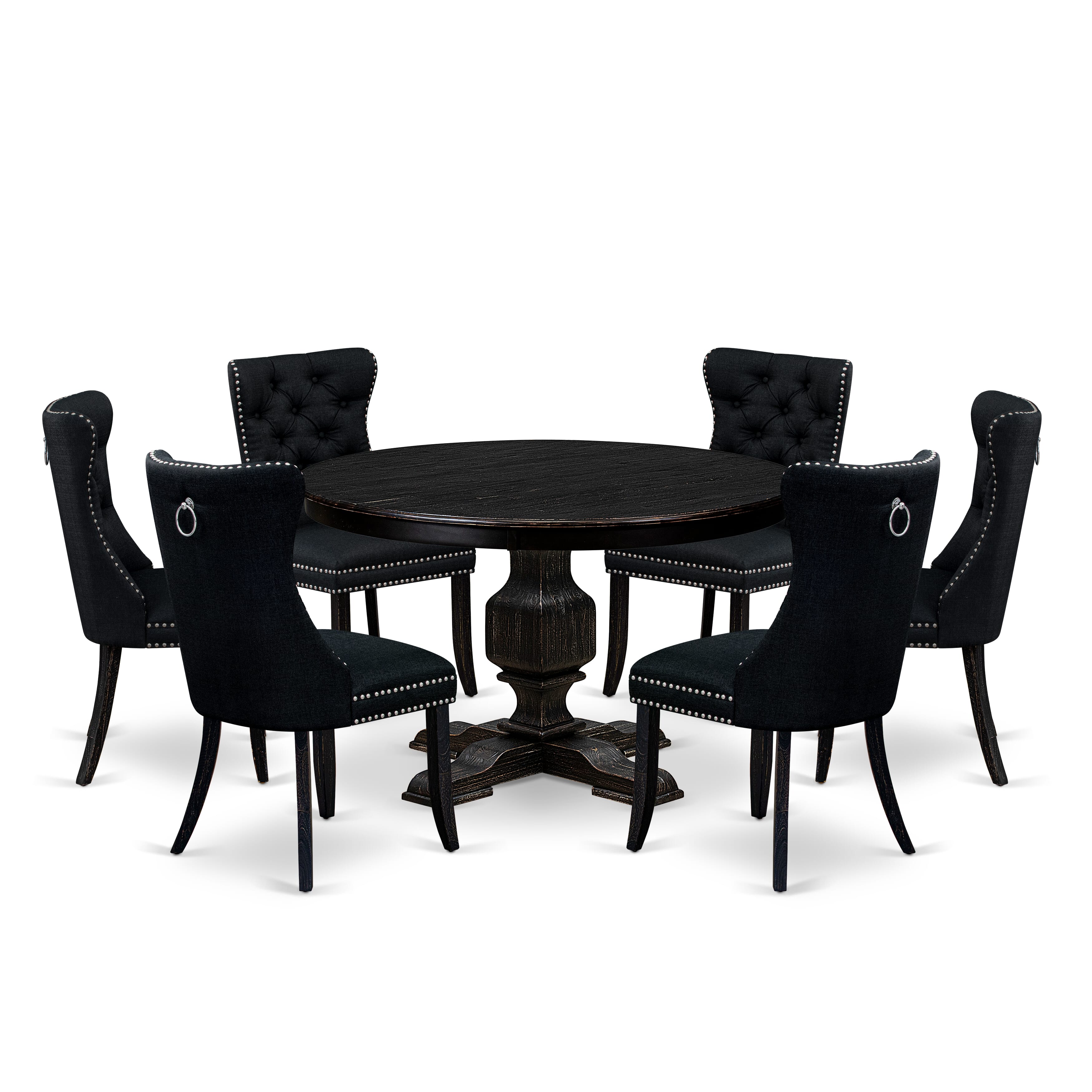 Luxe by East West Furniture F3DA7-411-24 7 Piece Kitchen Table Set Includes a 48" Round Table with Pedestal and 6 Black Linen Fabric Upholstered Chairs, Sand Blasted Black