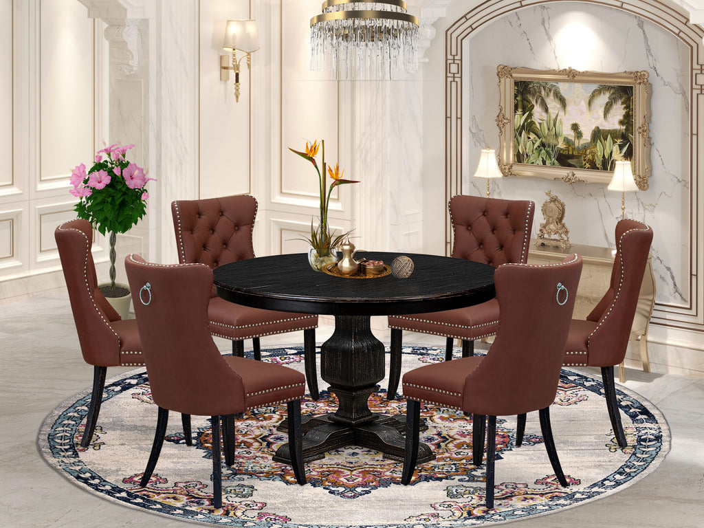 Luxe by East West Furniture F3DA7-411-26 7 Piece Dining Table Set Consists of a 48" Round Table with Pedestal and 6 Burgandy Faux Leather Parson Chairs, Sand Blasted Black