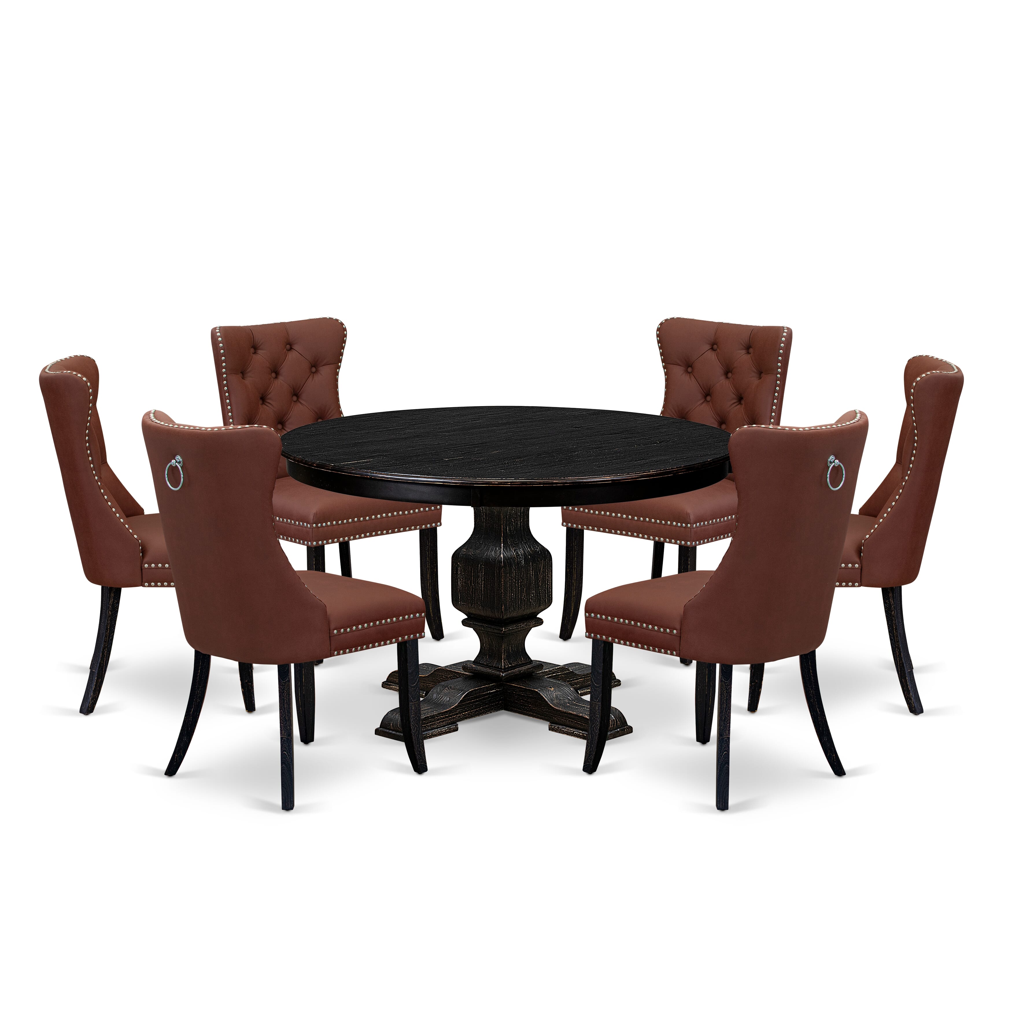 Luxe by East West Furniture F3DA7-411-26 7 Piece Dining Table Set Consists of a 48" Round Table with Pedestal and 6 Burgundy Faux Leather Parson Chairs, Sand Blasted Black