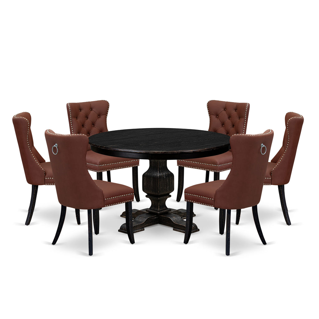Luxe by East West Furniture F3DA7-411-26 7 Piece Dining Table Set Consists of a 48" Round Table with Pedestal and 6 Burgandy Faux Leather Parson Chairs, Sand Blasted Black