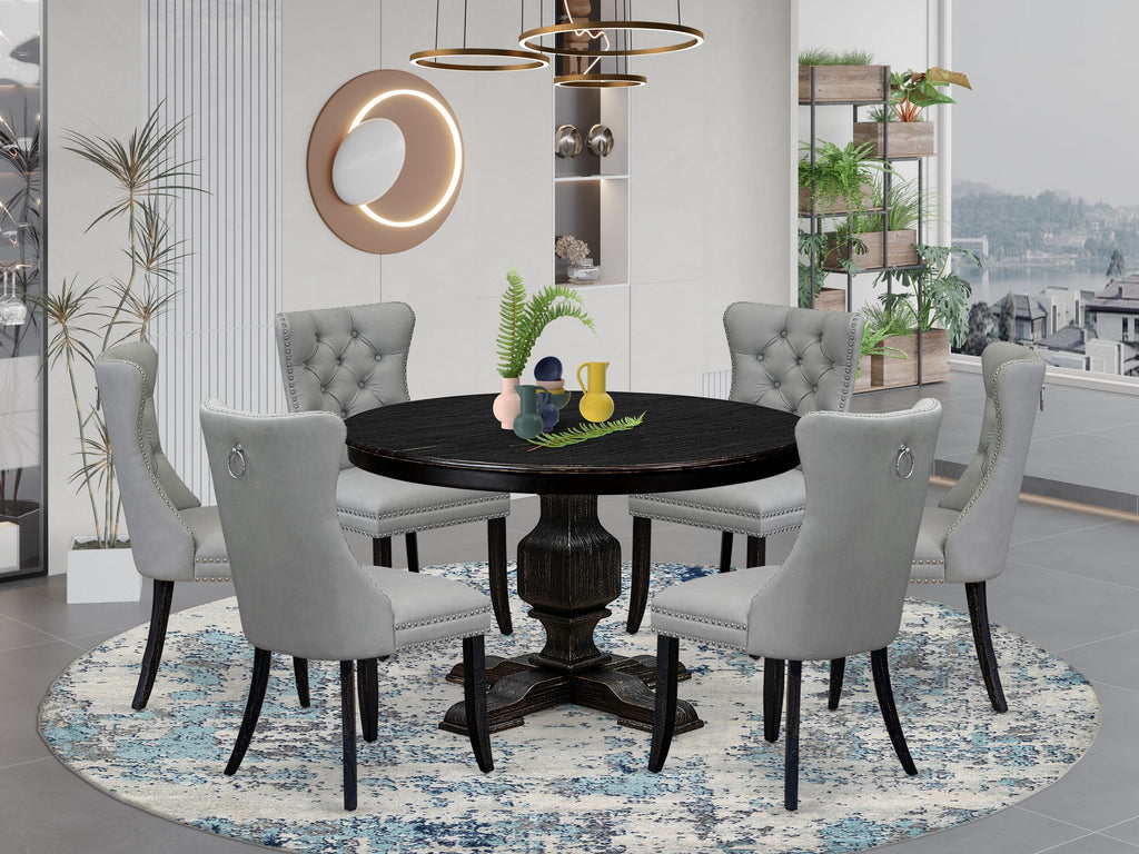 Luxe by East West Furniture F3DA7-411-27 7 Piece Dining Table Set Consists of a 48" Round Table with Pedestal and 6 Light Gray Faux Leather Padded Chairs, Sand Blasted Black