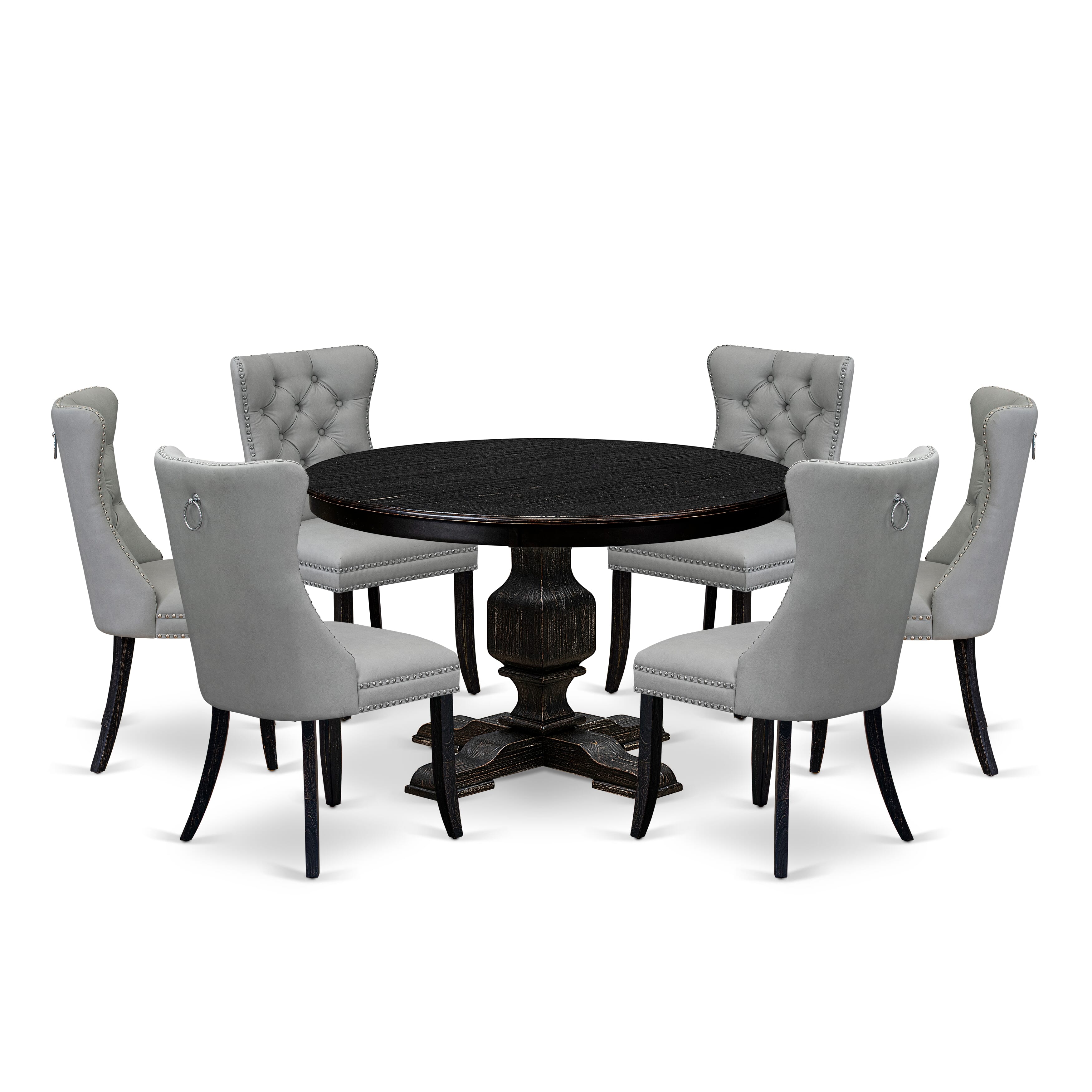 Luxe by East West Furniture F3DA7-411-27 7 Piece Dining Table Set Consists of a 48" Round Table with Pedestal and 6 Light Gray Faux Leather Padded Chairs, Sand Blasted Black