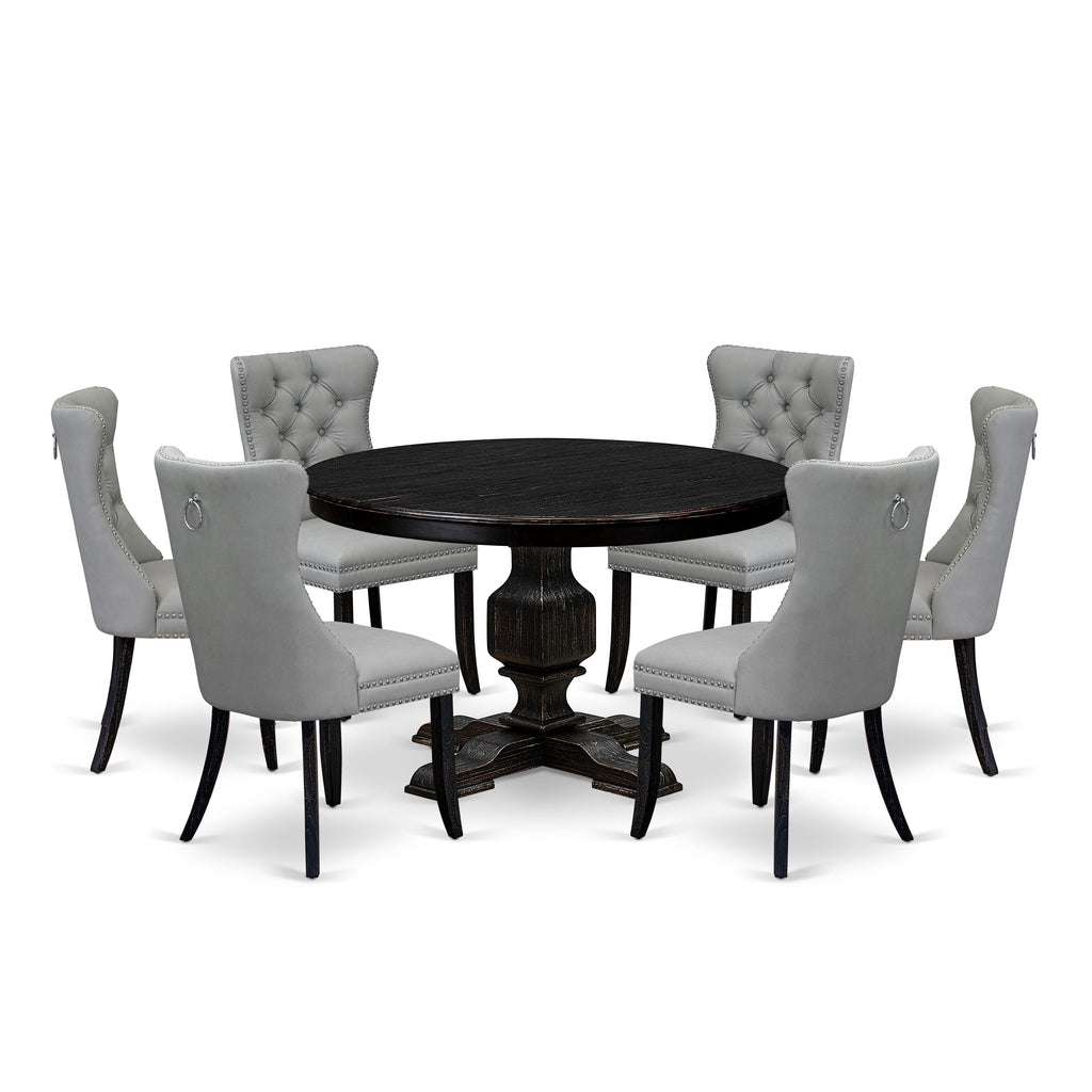 Luxe by East West Furniture F3DA7-411-27 7 Piece Dining Table Set Consists of a 48" Round Table with Pedestal and 6 Light Gray Faux Leather Padded Chairs, Sand Blasted Black