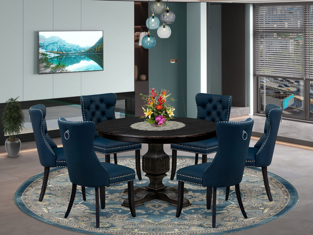Luxe by East West Furniture F3DA7-411-29 7 Piece Dining Table Set Includes a 48" Round Table with Pedestal and 6 Navy Blue Faux Leather Upholstered Chairs, Sand Blasted Black