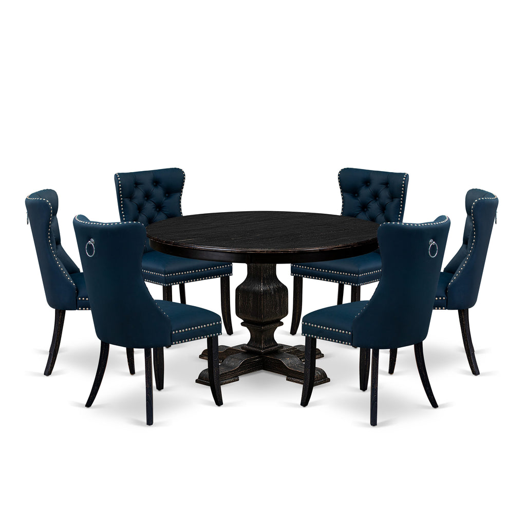 Luxe by East West Furniture F3DA7-411-29 7 Piece Dining Table Set Includes a 48" Round Table with Pedestal and 6 Navy Blue Faux Leather Upholstered Chairs, Sand Blasted Black