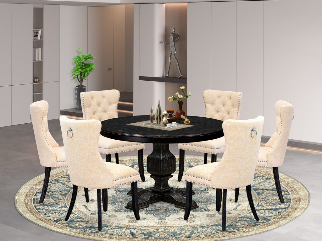 Luxe by East West Furniture F3DA7-411-32 7-pc Dining Table Set contains a wooden table and 6 Light Beige Linen Fabric kitchen chair with Button Tufted Back -Sand Blasted Black